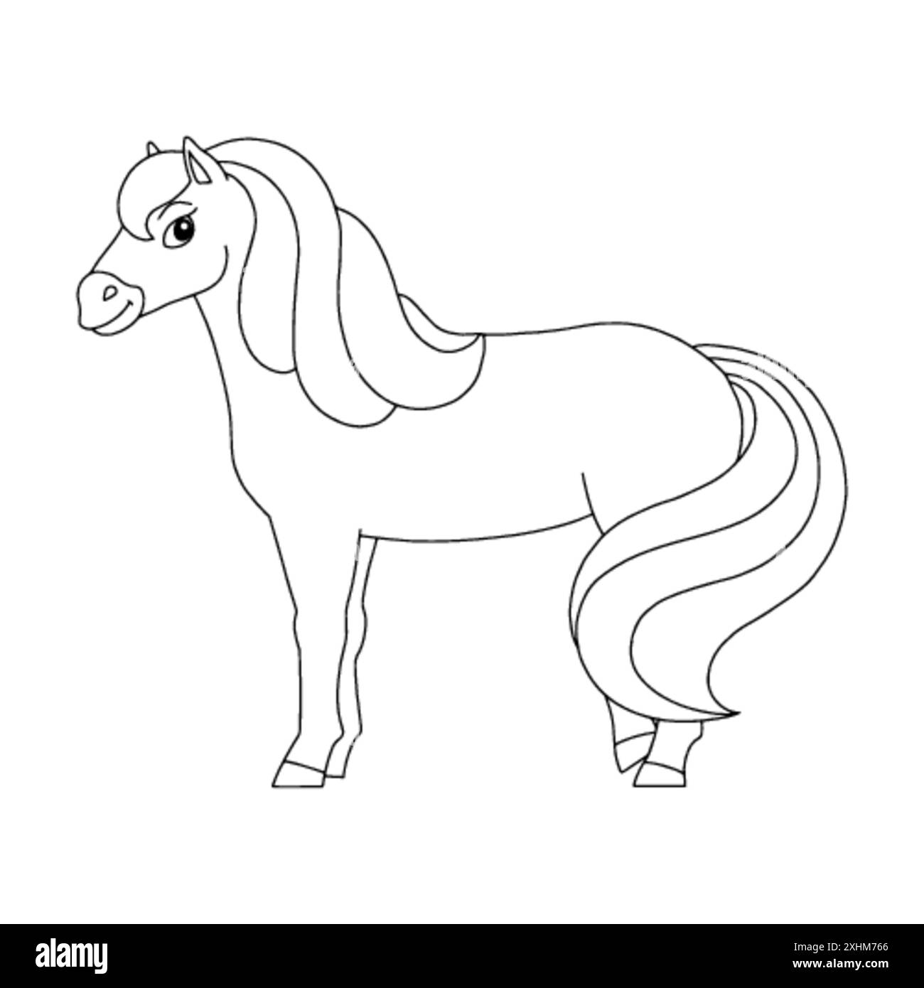 Niedliches Pferd. Nutztier. Malbuch Seite für Kinder. Cartoon-Stil. Vektordarstellung auf weißem Hintergrund isoliert. Stock Vektor