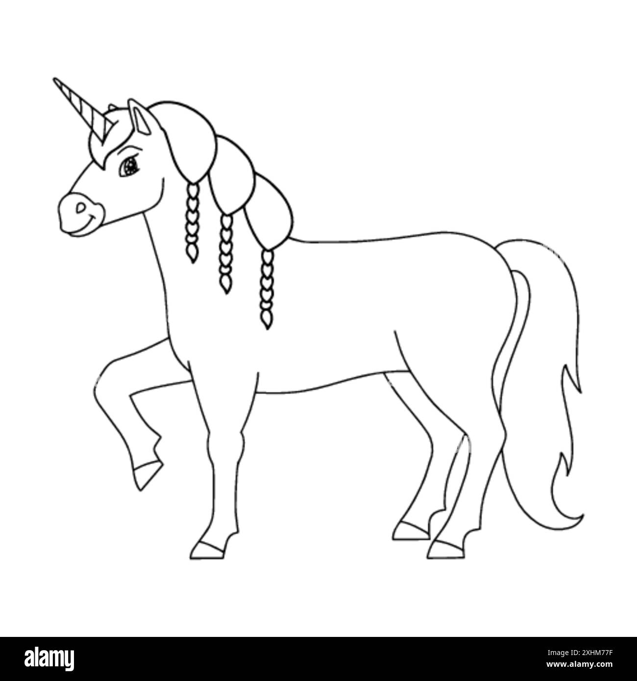 Niedliches Einhorn. Magisches Feenpferd. Malbuch Seite für Kinder. Cartoon-Stil. Vektordarstellung auf weißem Hintergrund isoliert. Stock Vektor