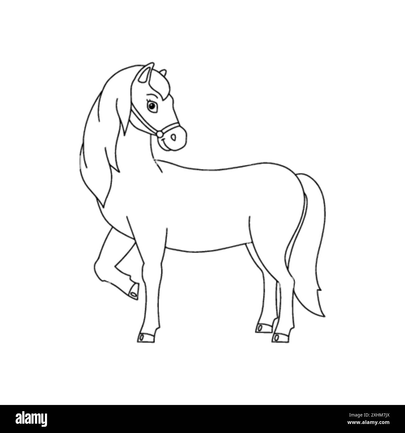 Niedliches Pferd. Nutztier. Malbuch-Seite für Kinder. Figur im Cartoon-Stil. Vektorillustration isoliert auf weißem Hintergrund. Stock Vektor