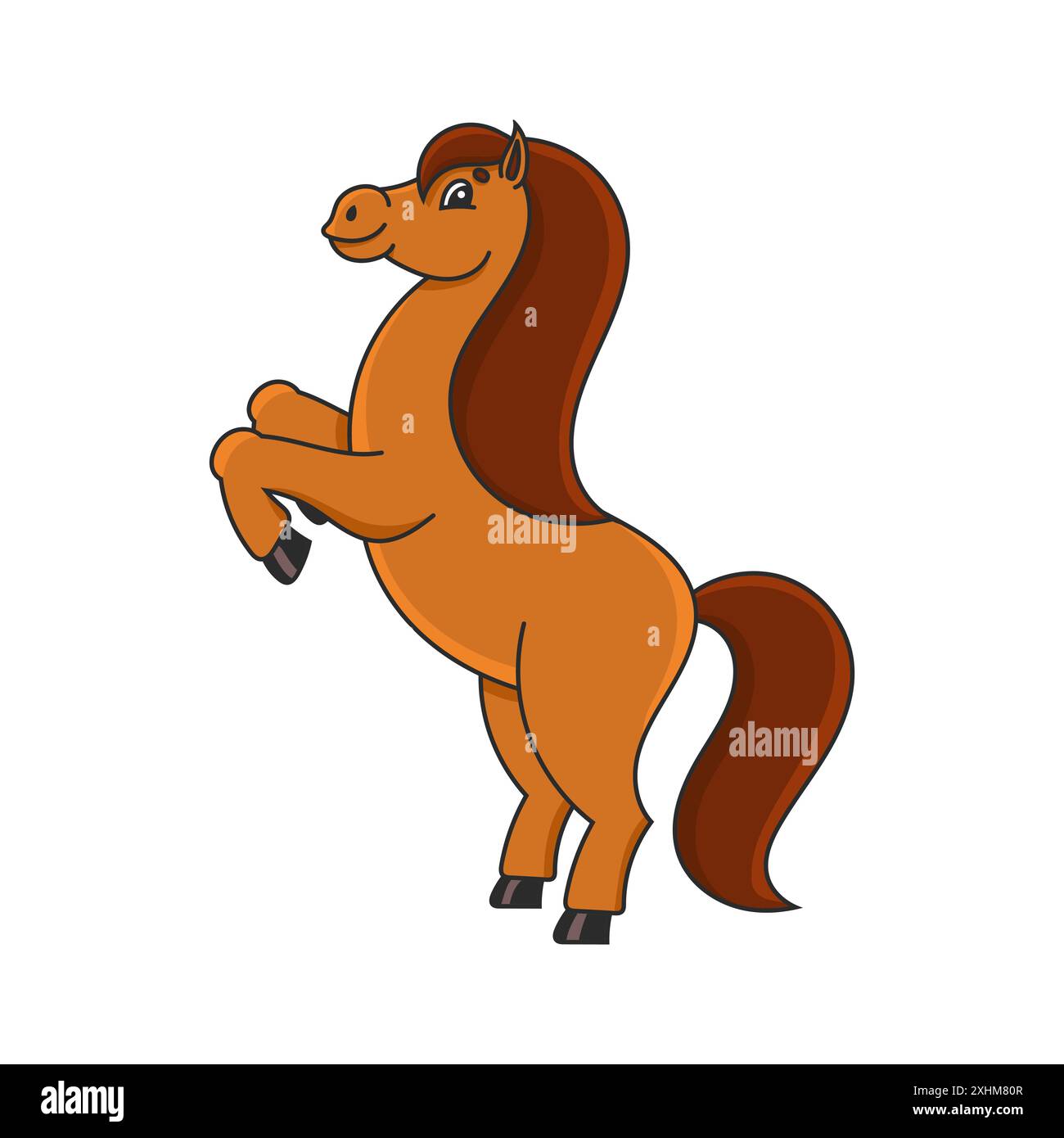 Pferd aufgezogen. Das Nutztier steht auf seinen Hinterbeinen. Zeichentrickstil. Einfache Illustration des flachen Vektors. Stock Vektor