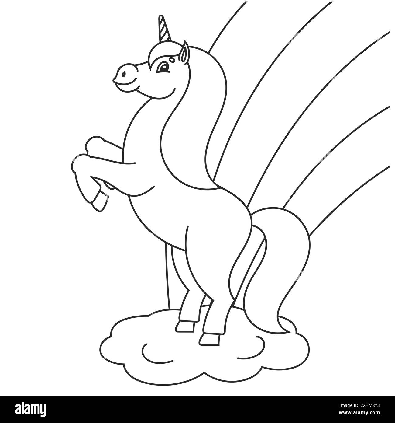 Malbuch für Kinder. Das magische Einhorn hat sich aufgezogen. Das Tierpferd steht auf seinen Hinterbeinen. Zeichentrickstil. Einfache Illustration des flachen Vektors. Stock Vektor