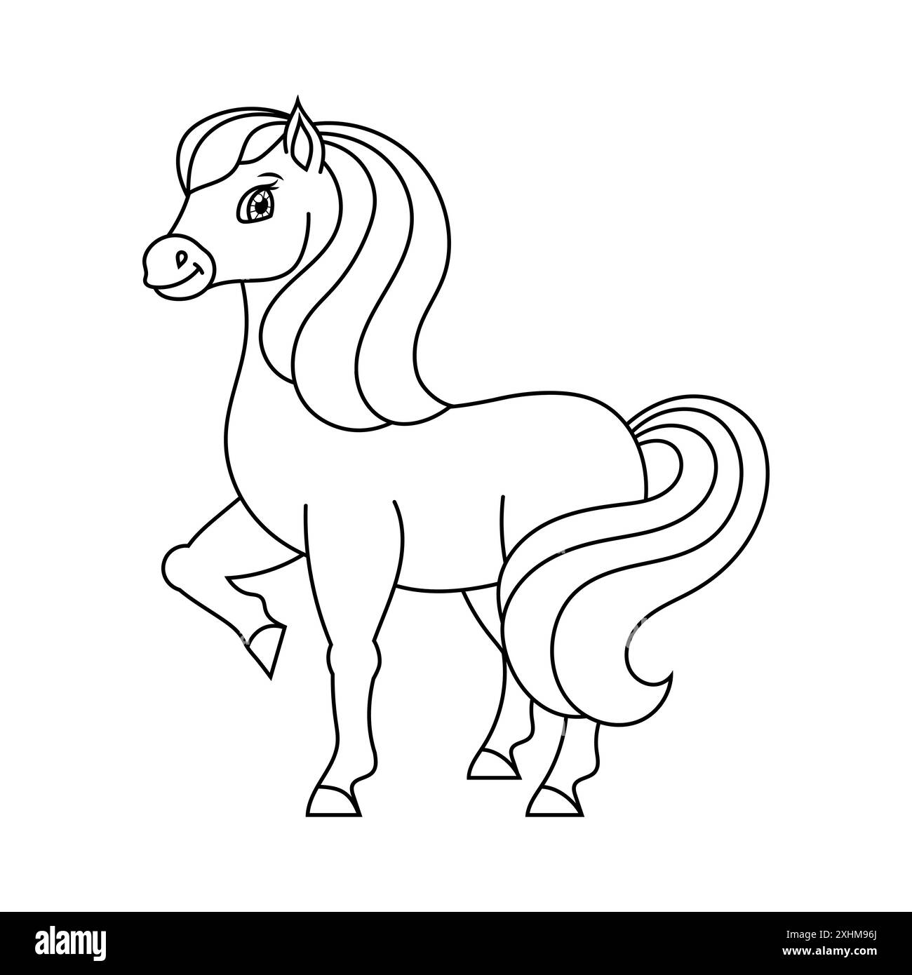 Niedliches Pferd. Nutztier. Malbuch Seite für Kinder. Cartoon-Stil. Vektordarstellung auf weißem Hintergrund isoliert. Stock Vektor