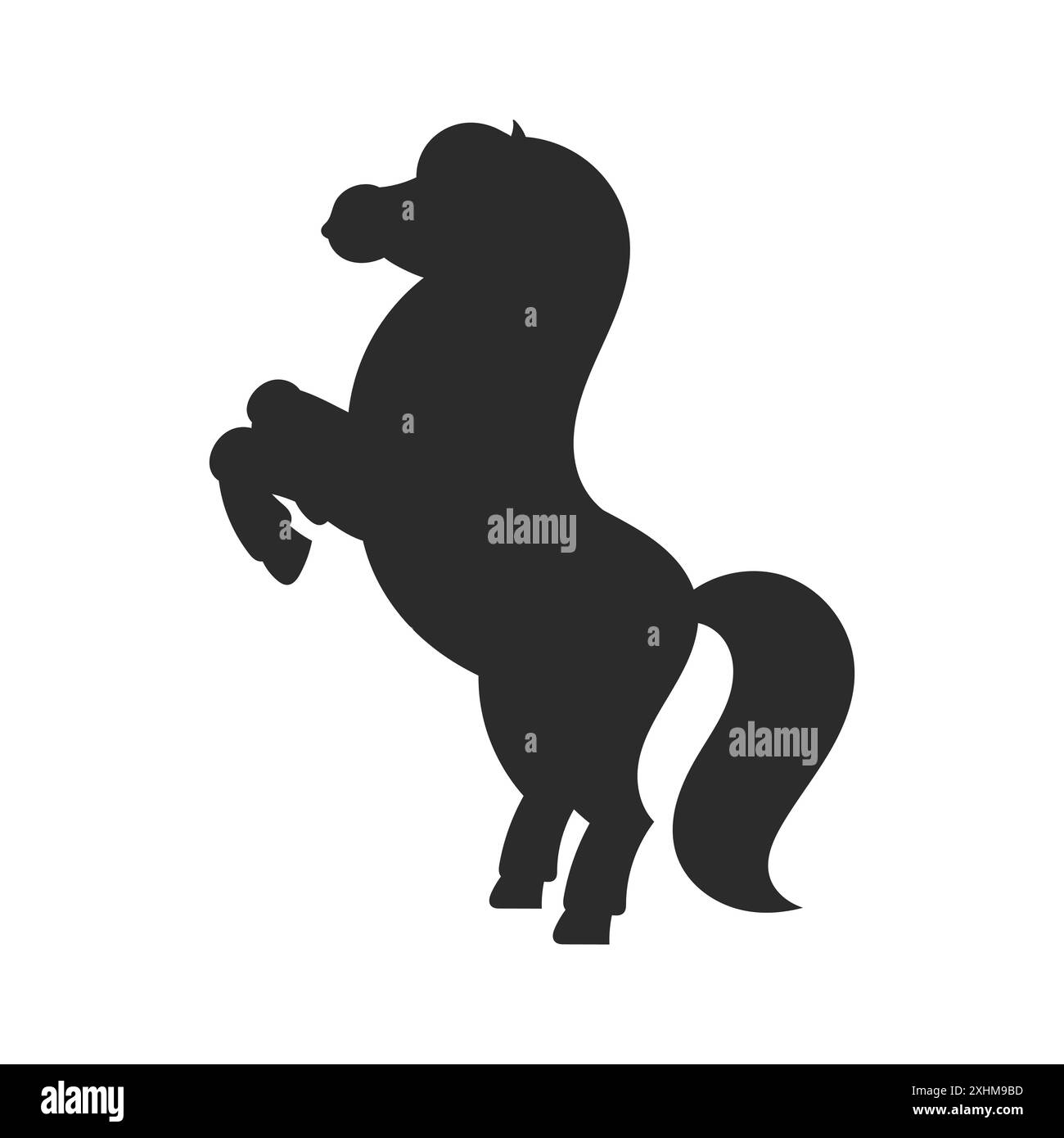 Schwarze Silhouette. Pferd aufgezogen. Das Nutztier steht auf seinen Hinterbeinen. Zeichentrickstil. Einfache Illustration des flachen Vektors. Stock Vektor