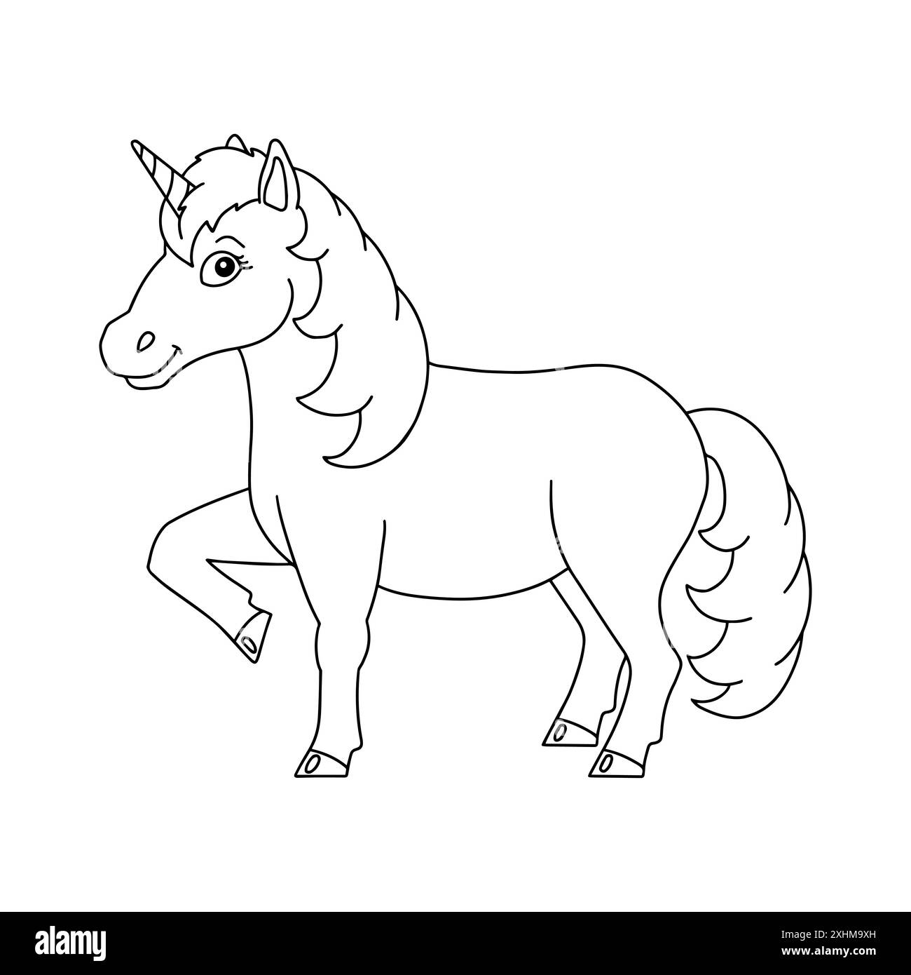 Magische Fee Einhorn. Niedliches Pferd. Malbuch-Seite für Kinder. Zeichentrickstil. Vektorillustration isoliert auf weißem Hintergrund. Stock Vektor