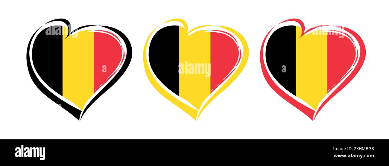 Belgische Herzen, kreative Kollektion. Handgezeichnete Herzform mit belgischer Flagge und Schnittmaske. Sport- oder Reisesymbol. Feiertagsemblem. Geschenk Stock Vektor