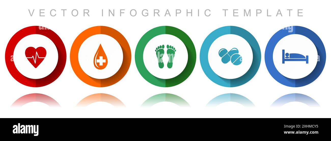 Sammlung von Vektorsymbolen im Krankenhaus, verschiedene Symbole wie Herzpuls, Blutspende, Footprint, Medikamente und Bett, flache Infografik-Vorlage i Stock Vektor
