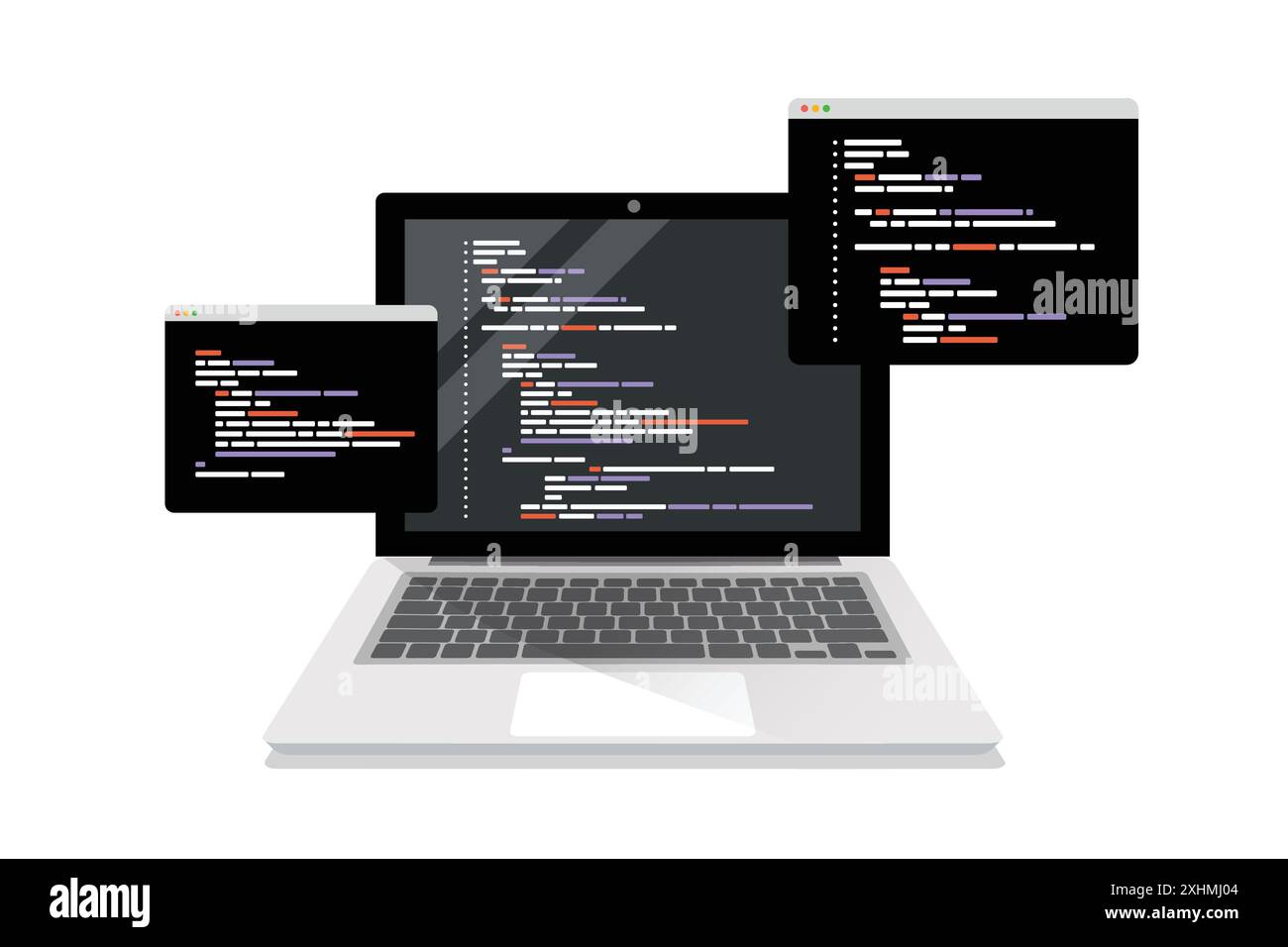 Codierungssymbole und Programmierfenster auf dem Laptop-Bildschirm. Konzept der Computerprogrammierung oder Entwicklung von Software oder Spielen. Illustration der Vektorabwicklung Stock Vektor