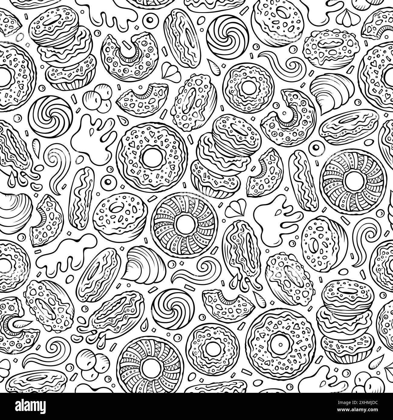 Cartoon niedliche Doodles Donuts nahtloses Muster. Strichgrafik Hintergrund. Endlose lustige Vektor-süße Illustration Stock Vektor