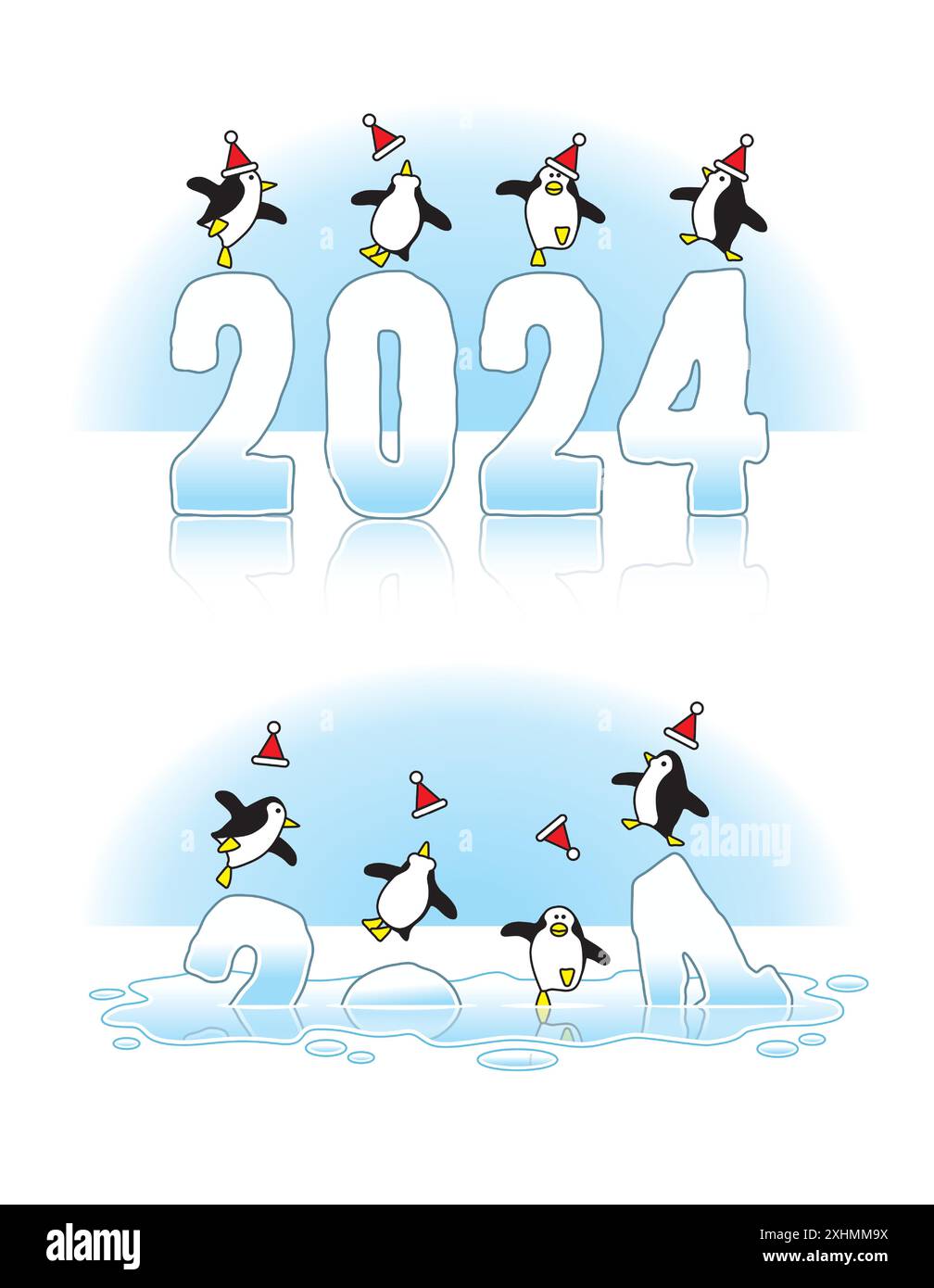 Vier Pinguine mit Santa Hats tanzen auf rutschigen Eisskulpturen aus dem Jahr 2024, die durch die globale Erwärmung durch die arktische Eiskappe schmelzen Stock Vektor