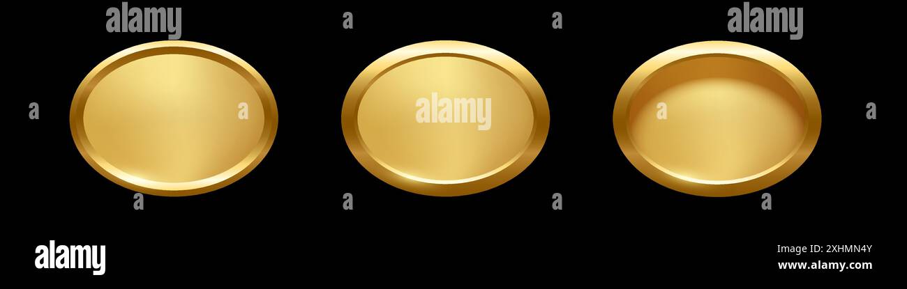 Goldene Ellipsentaste mit Rahmenvektor-Illustration Set. Goldenes, glänzendes, elegantes ovales Design für leeres Emblem, Medaille oder Abzeichen, glänzend und verlaufend Stock Vektor