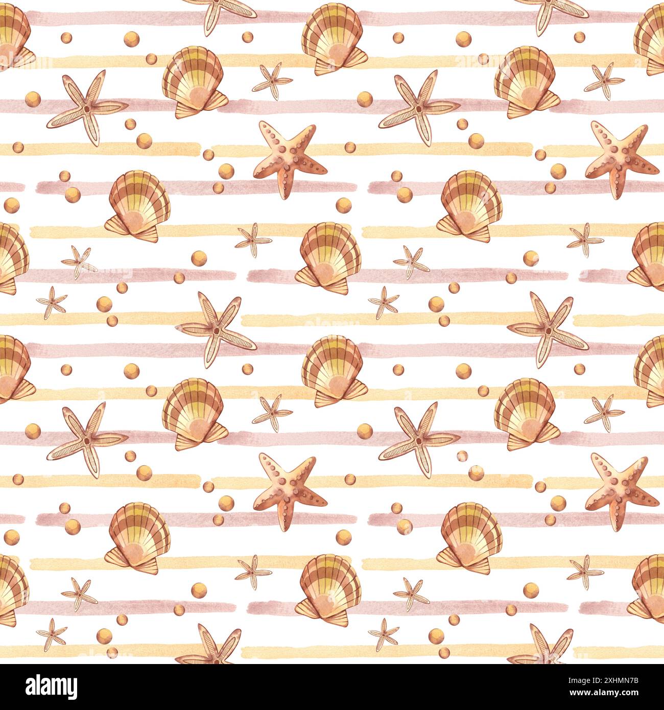Nahtloses Muster im Meeresdesign. Muscheln, Sterne, rosa Perlen, Aquarellstreifen, handbemalt mit Aquarellen. Geeignet zum Bedrucken von Textilien. Stockfoto