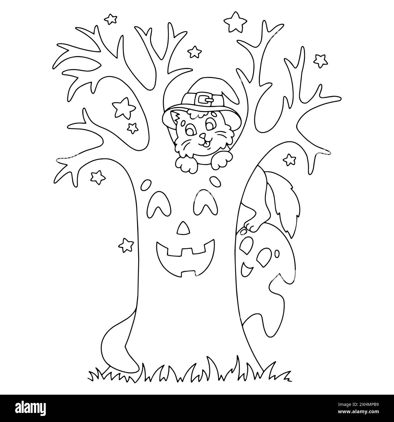 Zauberbaum und Katze. Malbuch-Seite für Kinder. Halloween-Thema. Figur im Cartoon-Stil. Vektorillustration isoliert auf weißem Hintergrund. Stock Vektor