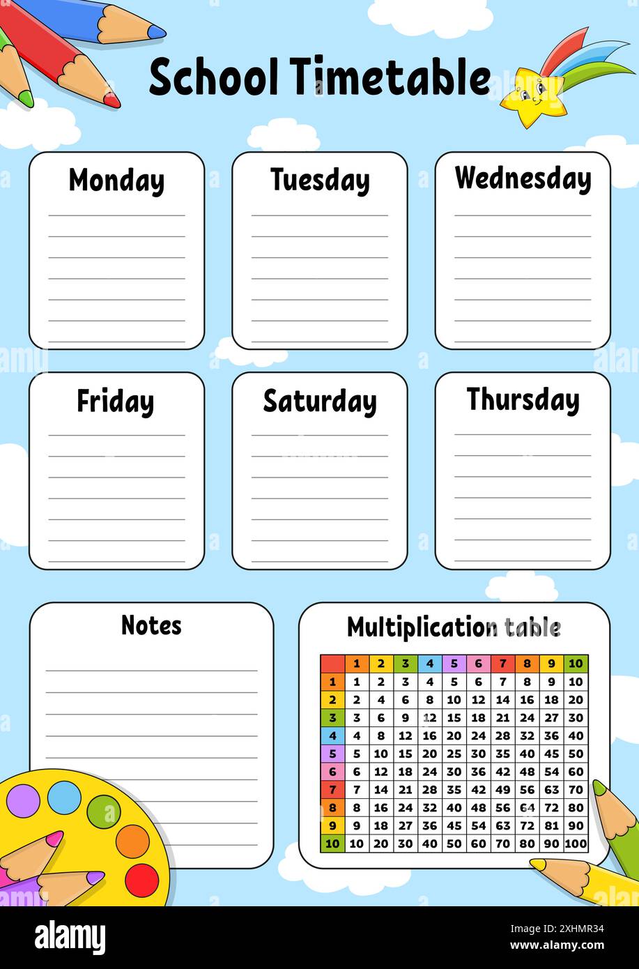 Schulplan mit Multiplikationstabelle. Für die Erziehung von Kindern. Stock Vektor