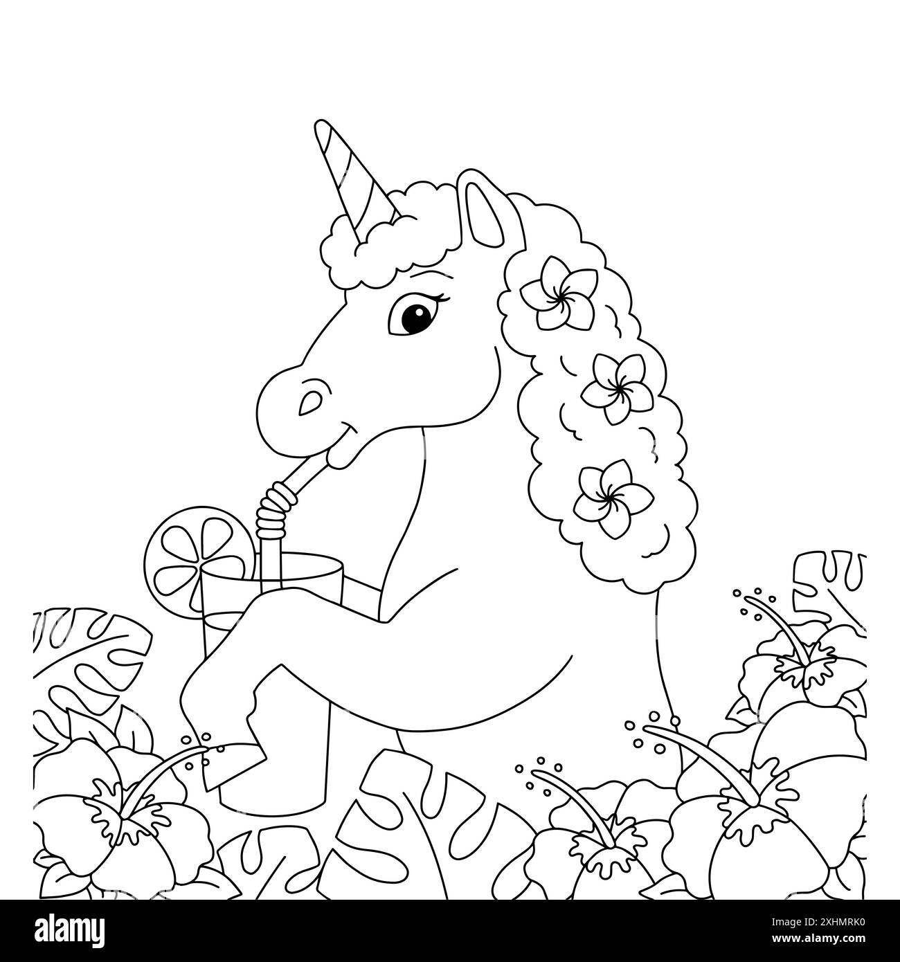 Niedliches Einhorn trinkt Saft. Malbuch-Seite für Kinder. Figur im Cartoon-Stil. Vektorillustration isoliert auf weißem Hintergrund. Stock Vektor