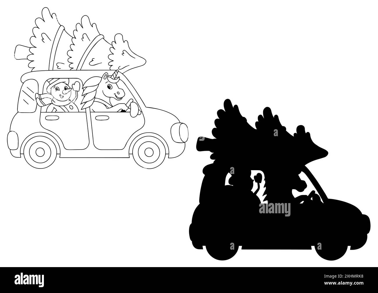 Der Schneemann und das Einhorn fahren im Auto und tragen den Weihnachtsbaum. Schwarze Silhouette. Konstruktionselement. Stock Vektor