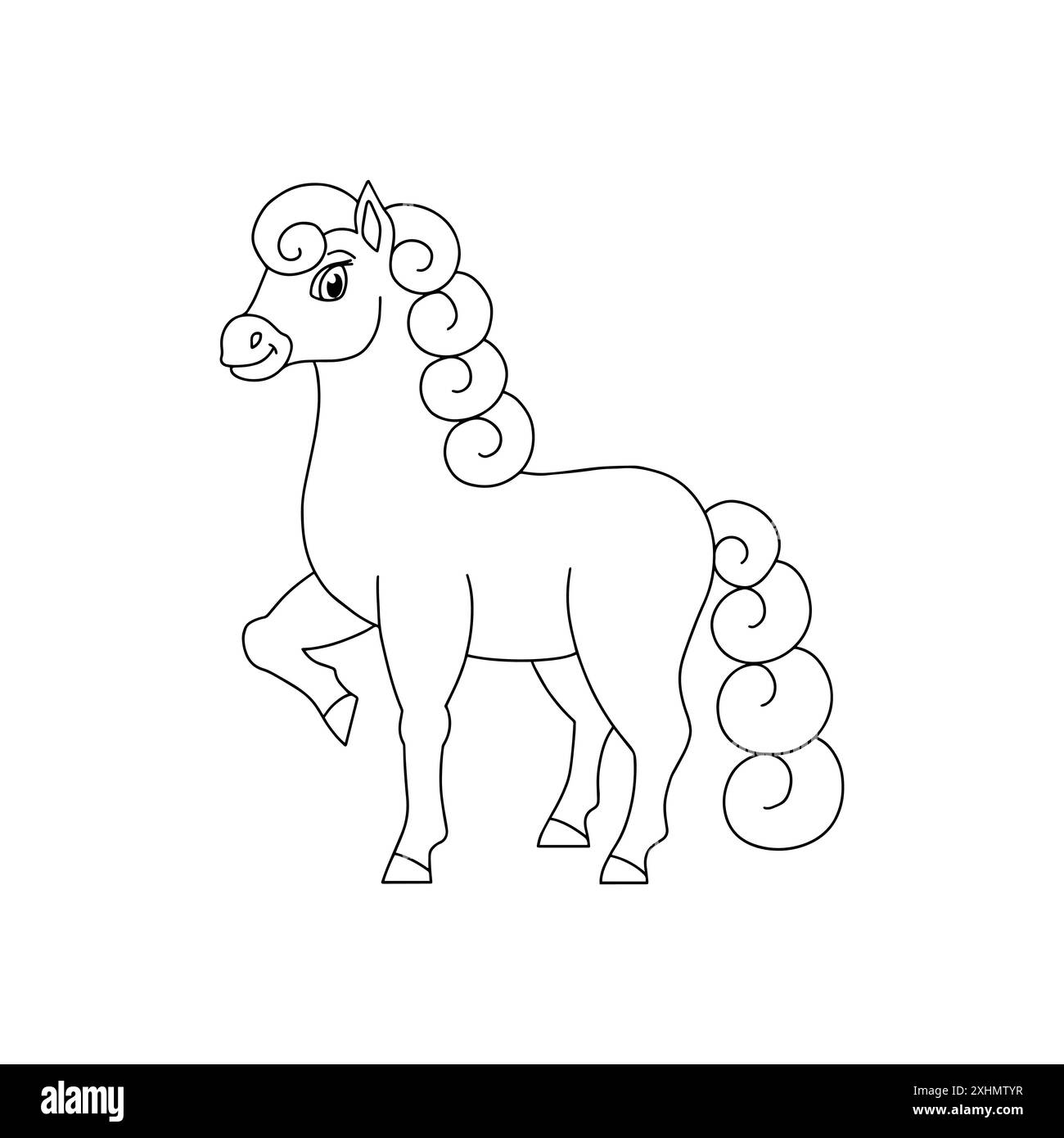 Niedliches Pferd. Nutztier. Malbuch Seite für Kinder. Cartoon-Stil. Vektordarstellung auf weißem Hintergrund isoliert. Stock Vektor