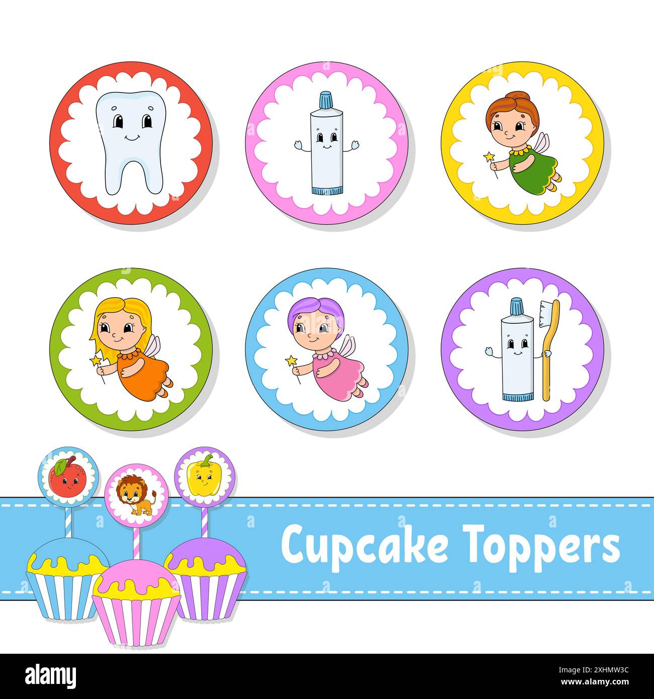 Cupcake Topper. Set mit sechs runden Bildern. Zeichentrickfiguren. Niedliches Bild. Zum Geburtstag, Py, Babydusche. Stock Vektor