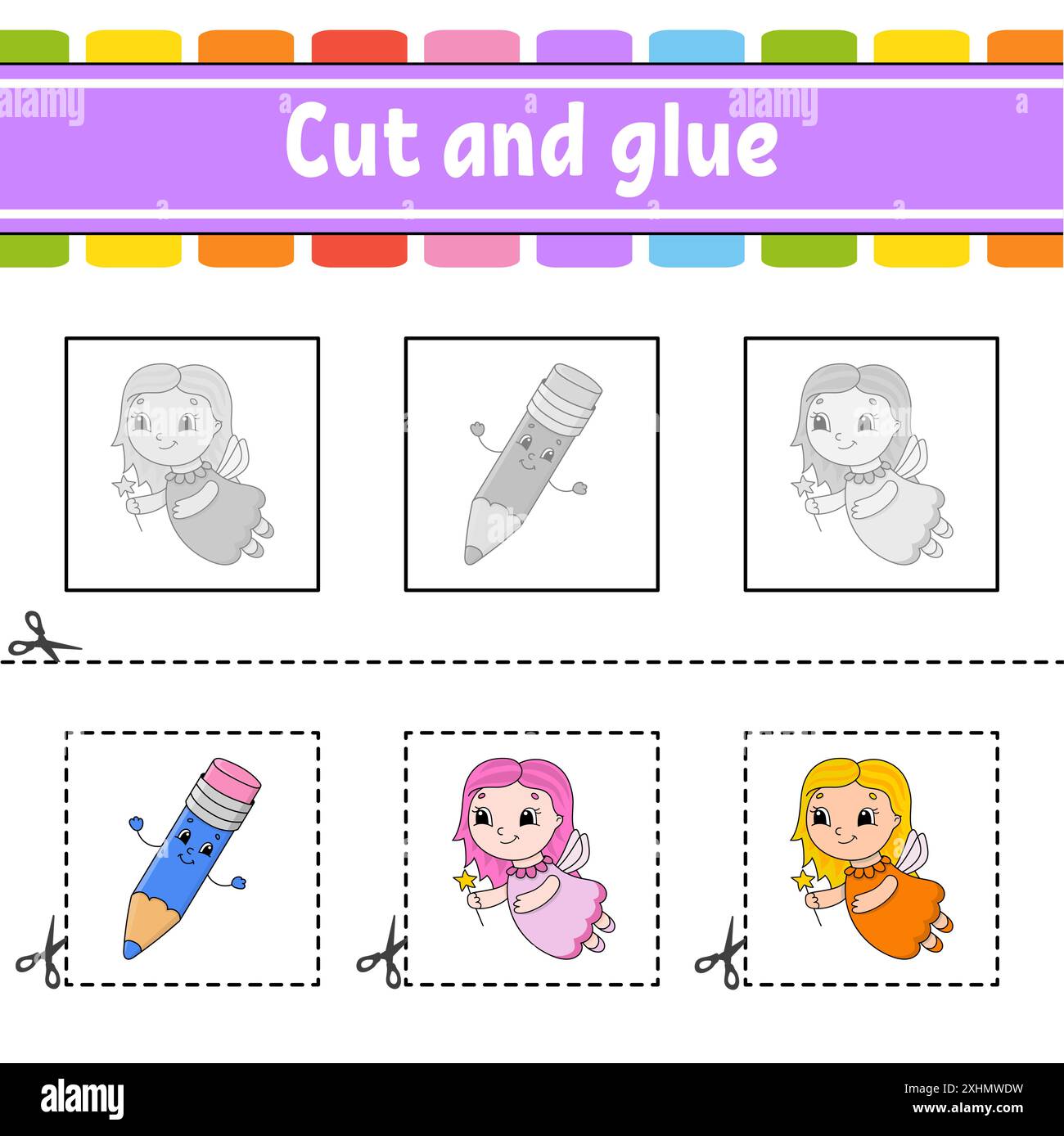 Schneiden und kleben. Spiel für Kinder. Arbeitsblatt zur Entwicklung von Bildungsmaßnahmen. Seite „Farbaktivität“. Zeichentrickfigur. Stock Vektor