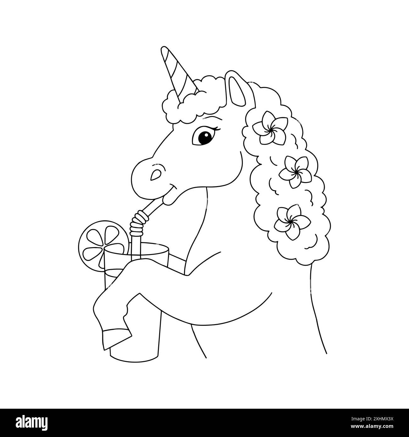 Niedliches Einhorn trinkt Saft. Malbuch-Seite für Kinder. Figur im Cartoon-Stil. Vektorillustration isoliert auf weißem Hintergrund. Stock Vektor