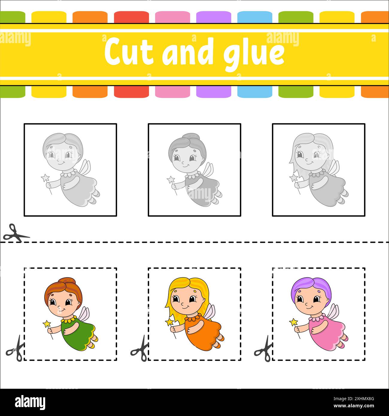 Schneiden und kleben. Spiel für Kinder. Arbeitsblatt zur Entwicklung von Bildungsmaßnahmen. Seite „Farbaktivität“. Zeichentrickfigur. Stock Vektor