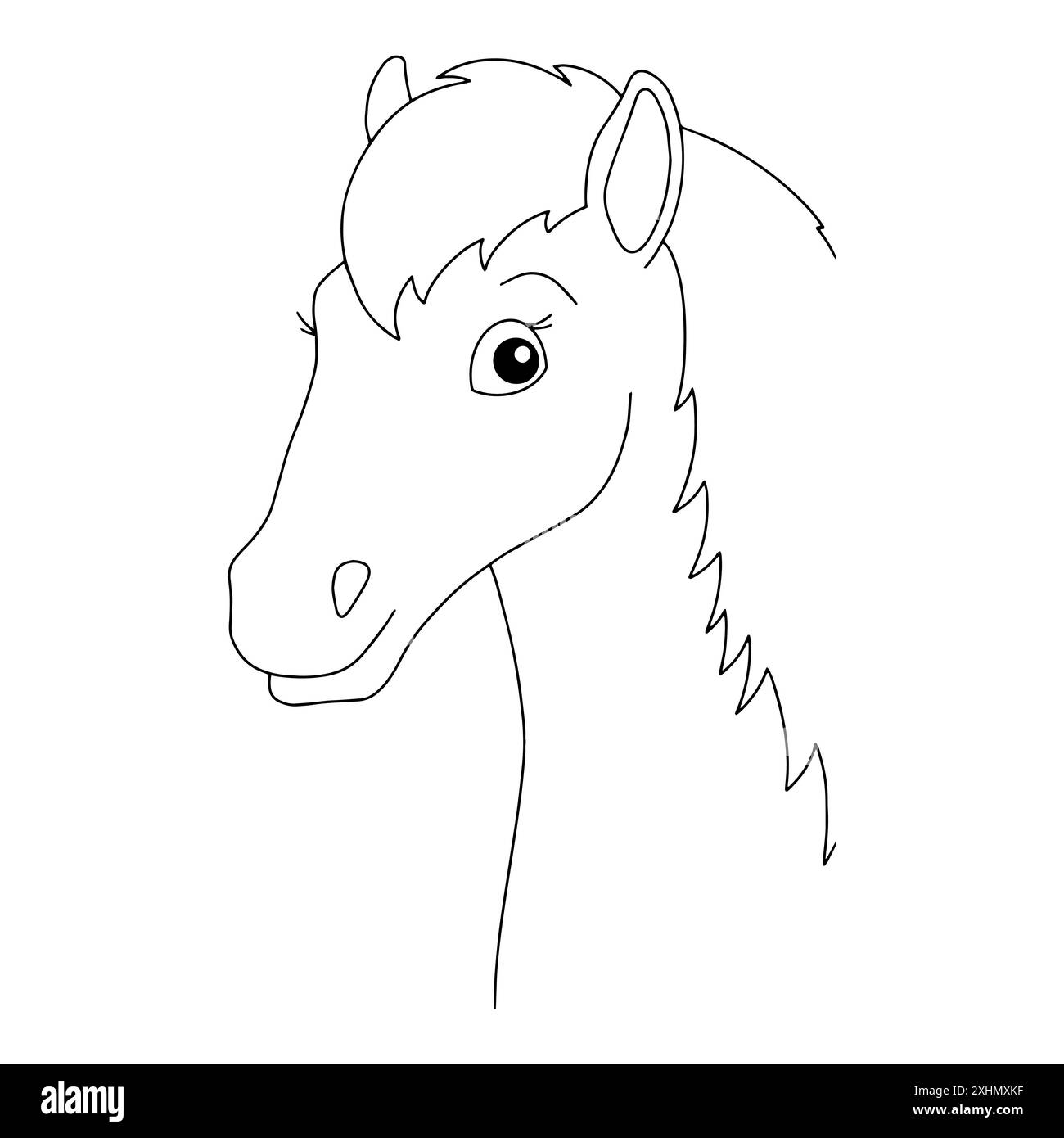 Niedlicher Pferdekopf. Nutztier. Malbuch-Seite für Kinder. Zeichentrickstil. Vektorillustration isoliert auf weißem Hintergrund. Stock Vektor