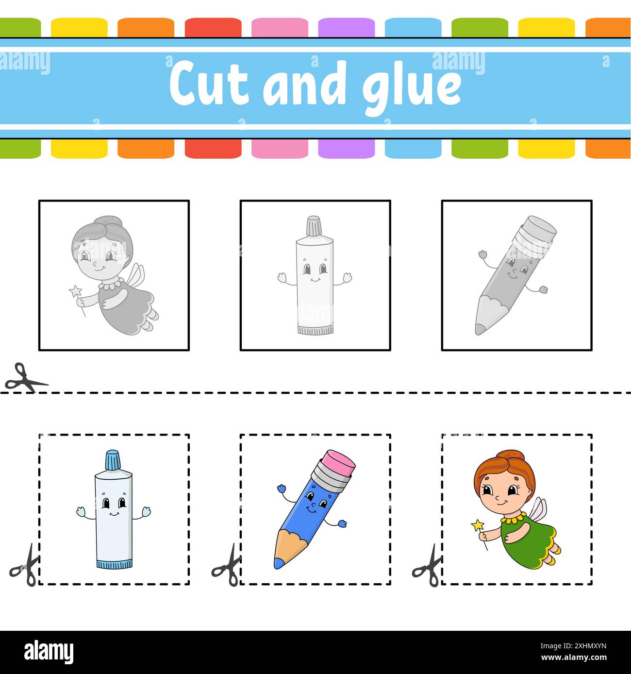 Schneiden und kleben. Spiel für Kinder. Arbeitsblatt zur Entwicklung von Bildungsmaßnahmen. Seite „Farbaktivität“. Zeichentrickfigur. Stock Vektor