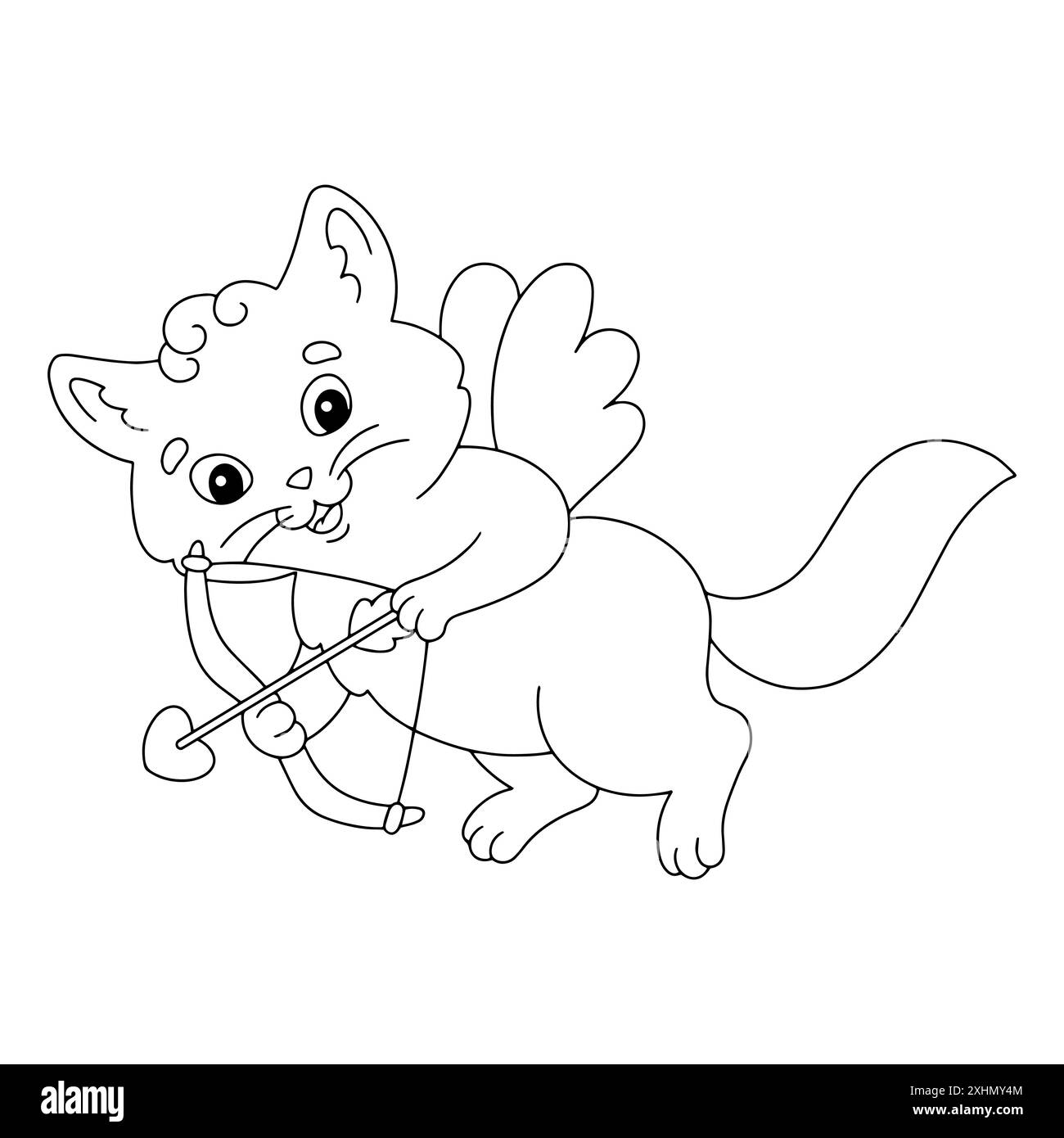 Cupid Katze. Malbuch-Seite für Kinder. Figur im Cartoon-Stil. Vektorillustration isoliert auf weißem Hintergrund. Valentinstag. Stock Vektor