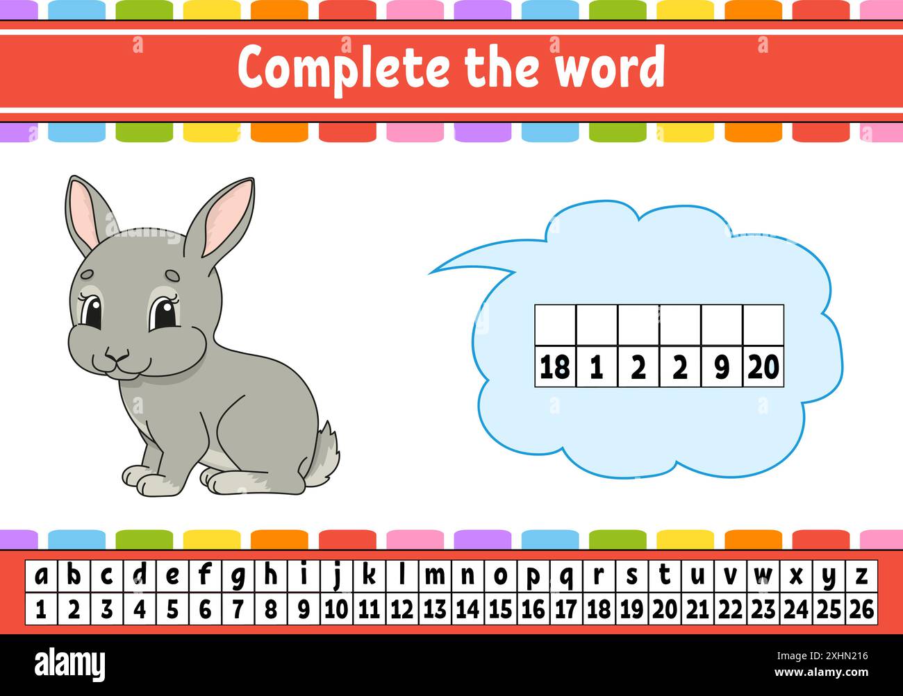 Vervollständigen Sie die Worte. Chiffriercode. Vokabeln und Zahlen lernen. Arbeitsblatt zum Bildungswesen. Aktivitätsseite für die Studie Englisch. Isolierte Vektordarstellung. Stock Vektor