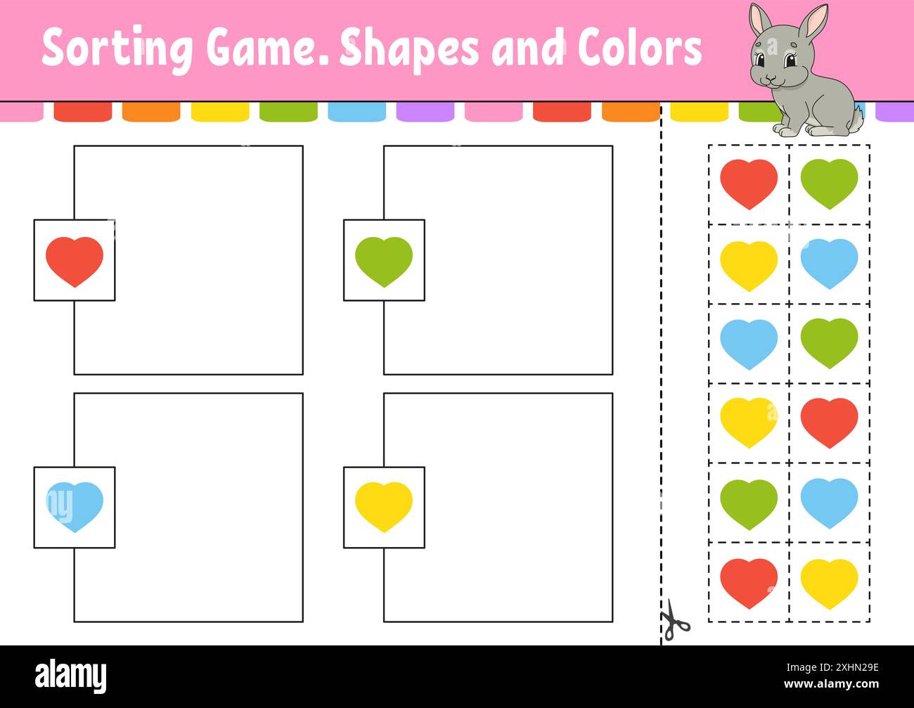 Sortierspiel. Formen und Farben. Schneiden und kleben. Arbeitsblatt zur Entwicklung von Bildungsmaßnahmen. Spiel für Kinder. Seite „Farbaktivität“. Puzzle für Kinder. Niedlicher Charakter Stock Vektor
