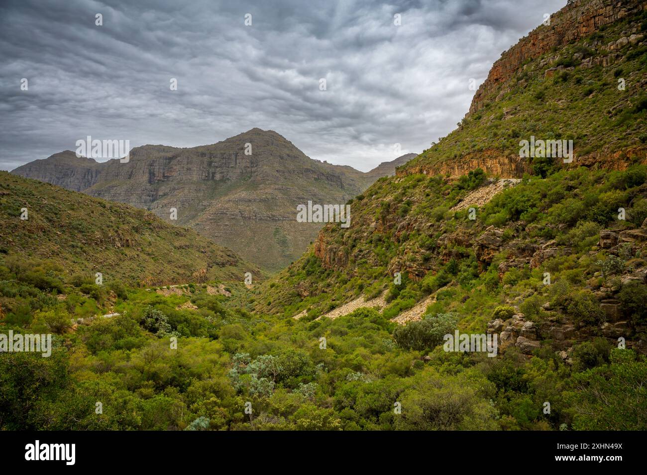 Bergpass mit Sturmwolken im Hintergrund, Cederberg Mountains, Westkap, Südafrika. Stockfoto