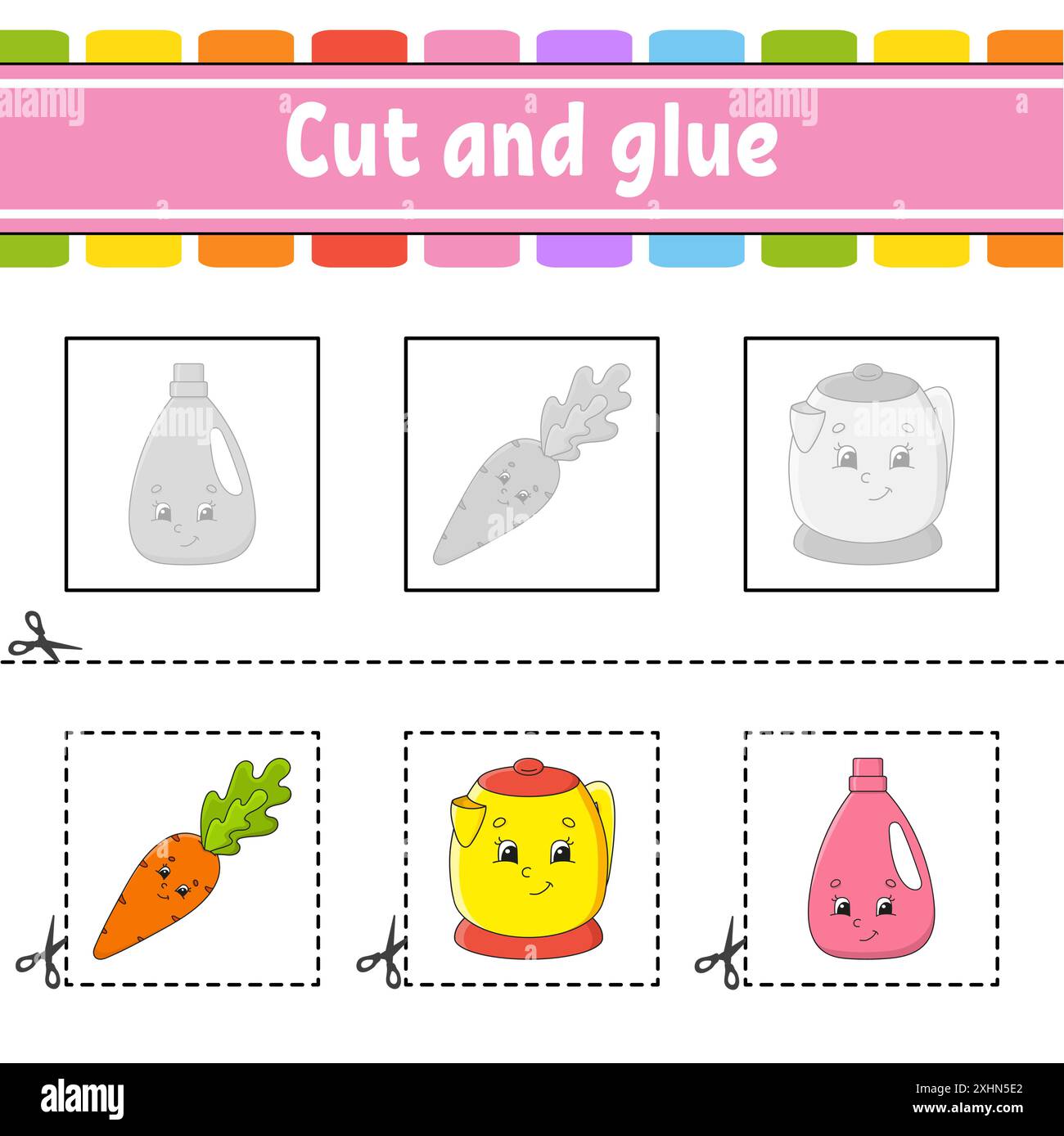 Schneiden und kleben. Spiel für Kinder. Arbeitsblatt zur Entwicklung von Bildungsmaßnahmen. Seite „Farbaktivität“. Zeichentrickfigur. Stock Vektor