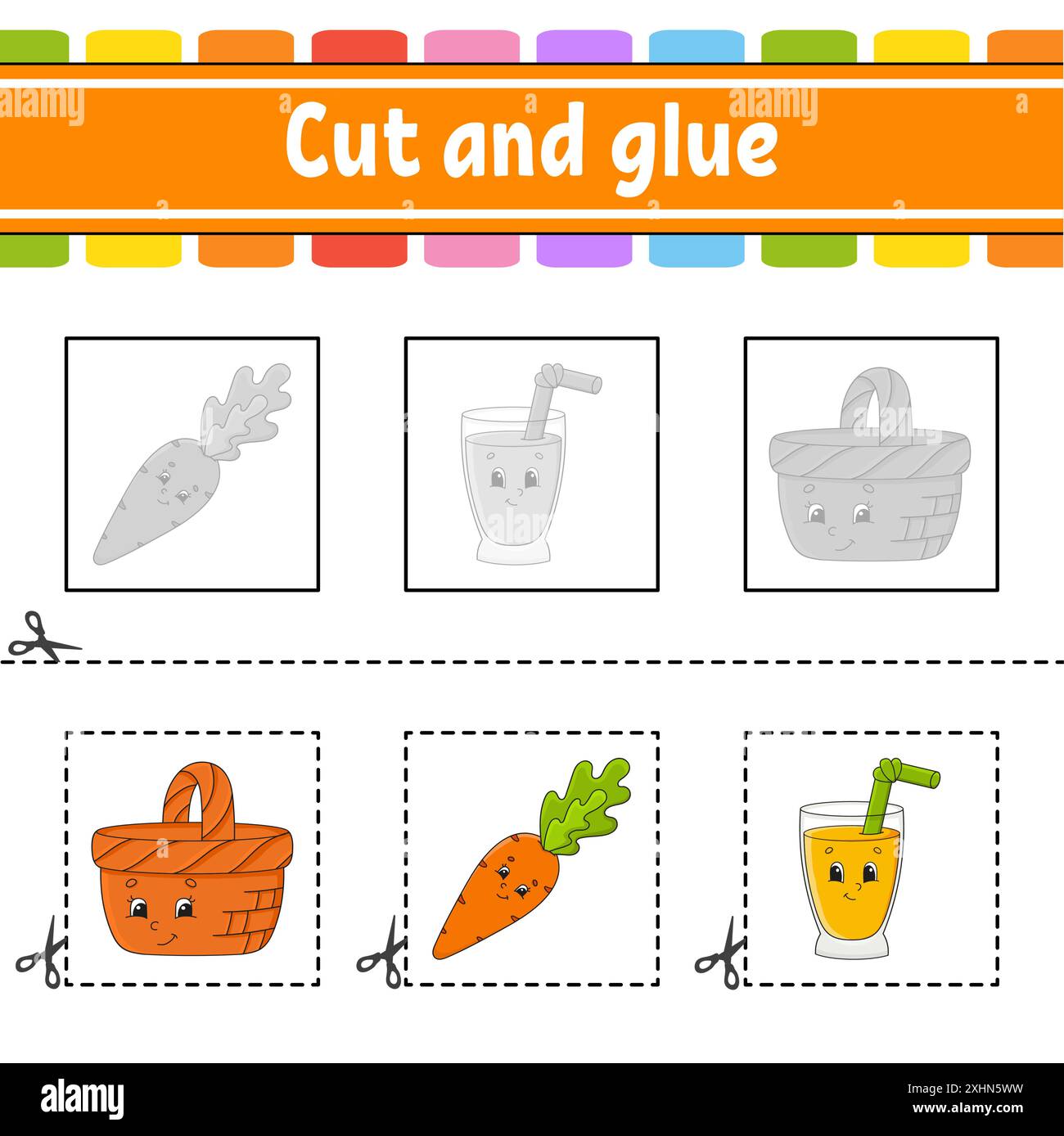 Schneiden und kleben. Spiel für Kinder. Arbeitsblatt zur Entwicklung von Bildungsmaßnahmen. Seite „Farbaktivität“. Zeichentrickfigur. Stock Vektor