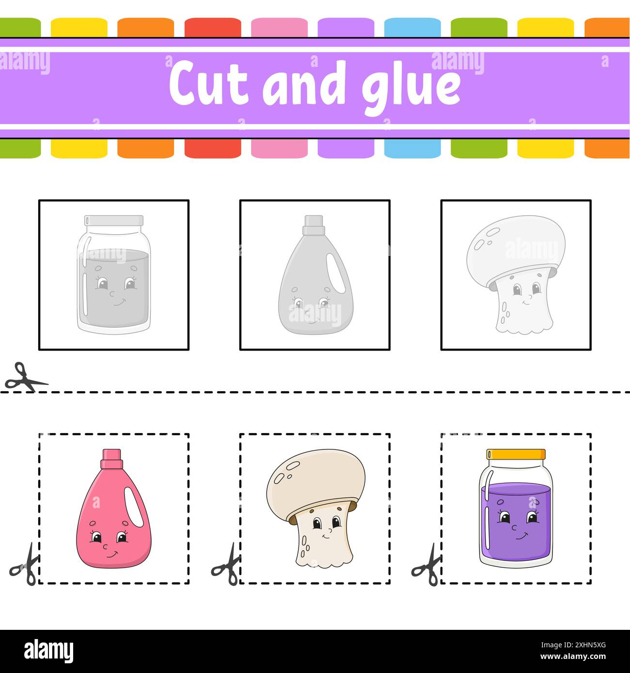 Schneiden und kleben. Spiel für Kinder. Arbeitsblatt zur Entwicklung von Bildungsmaßnahmen. Seite „Farbaktivität“. Zeichentrickfigur. Stock Vektor