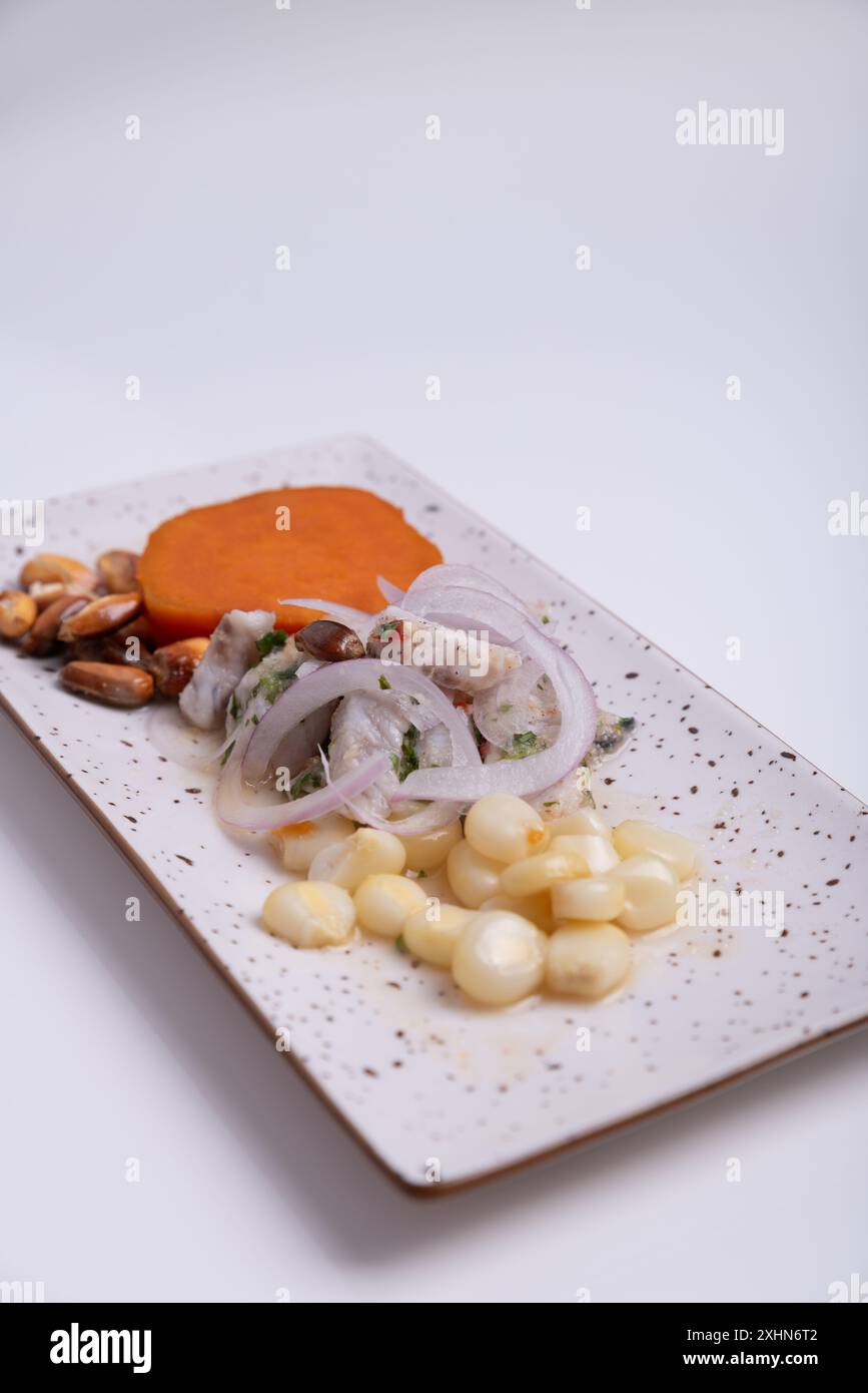 Minimalistische Präsentation eines peruanischen Gerichts namens Ceviche auf weißem Hintergrund. Stockfoto