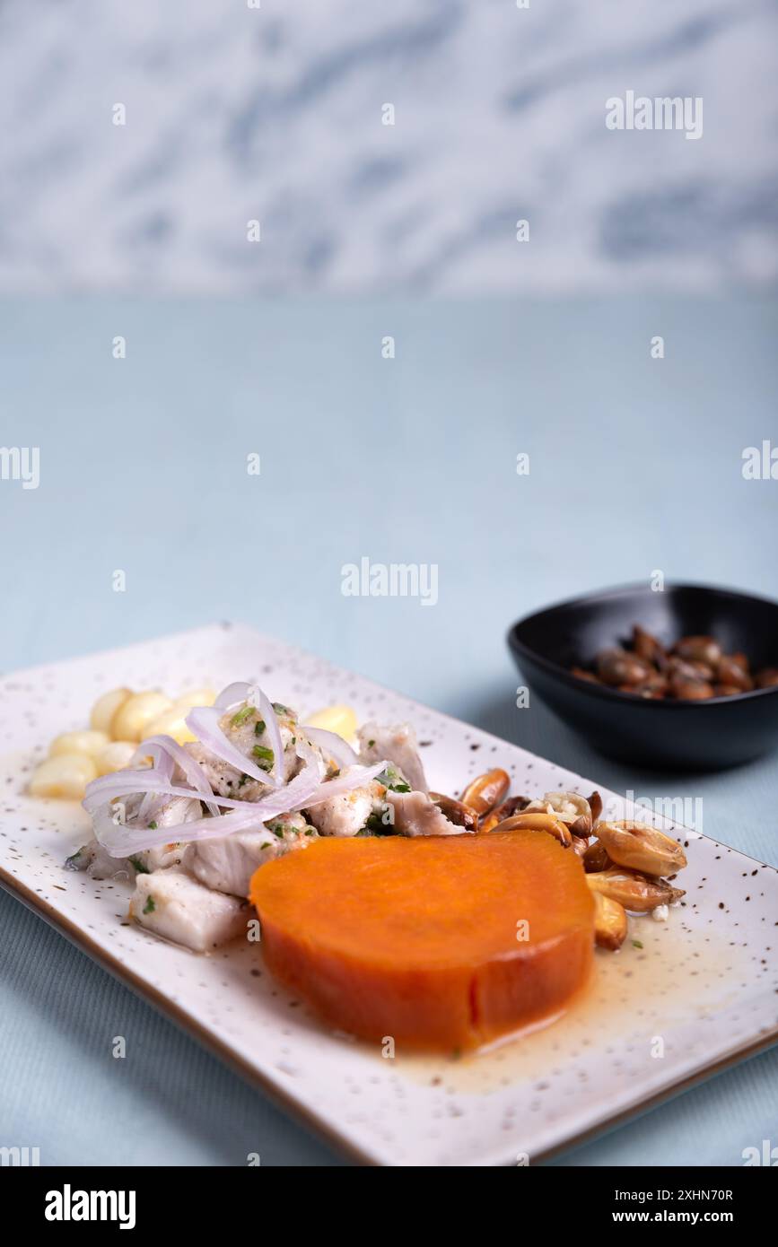 Nahaufnahme, traditionelles peruanisches Gericht namens Ceviche. Stockfoto