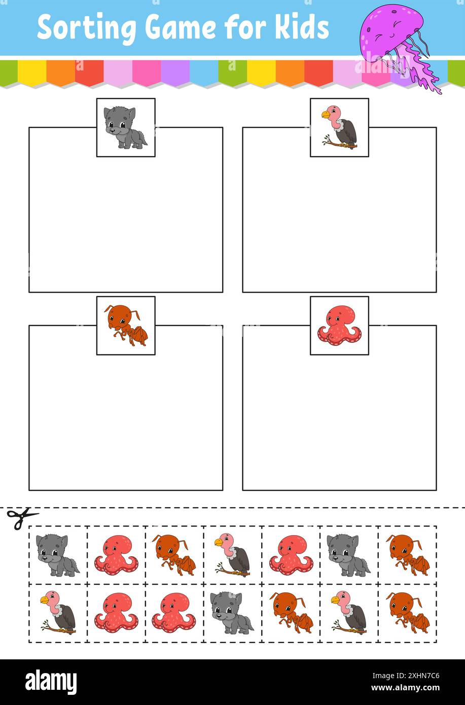 Sortierspiel für Kinder. Schneiden und kleben. Arbeitsblatt zur Entwicklung von Bildungsmaßnahmen. Passendes Spiel für Kinder. Seite „Farbaktivität“. Puzzle für Kinder. Niedlicher Charakter. Stock Vektor