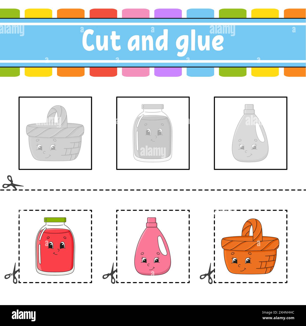 Schneiden und kleben. Spiel für Kinder. Arbeitsblatt zur Entwicklung von Bildungsmaßnahmen. Seite „Farbaktivität“. Zeichentrickfigur. Stock Vektor