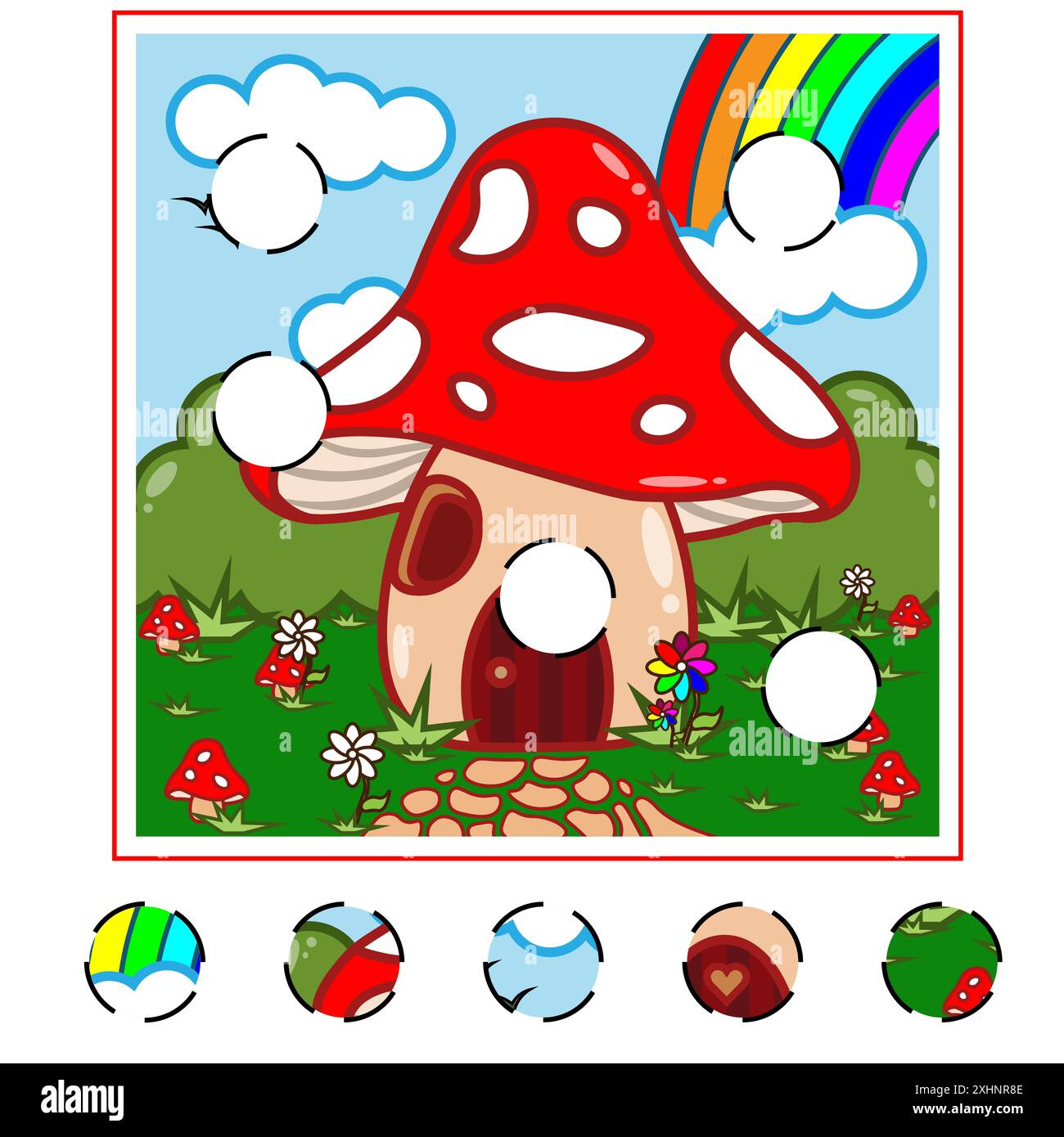 Kinderspiel. Sammeln Sie ein Bild. Erziehungsspiel für Kinder. Pilzhaus-Konzept. Fantasie und Fantasie, Märchen. Stockfoto