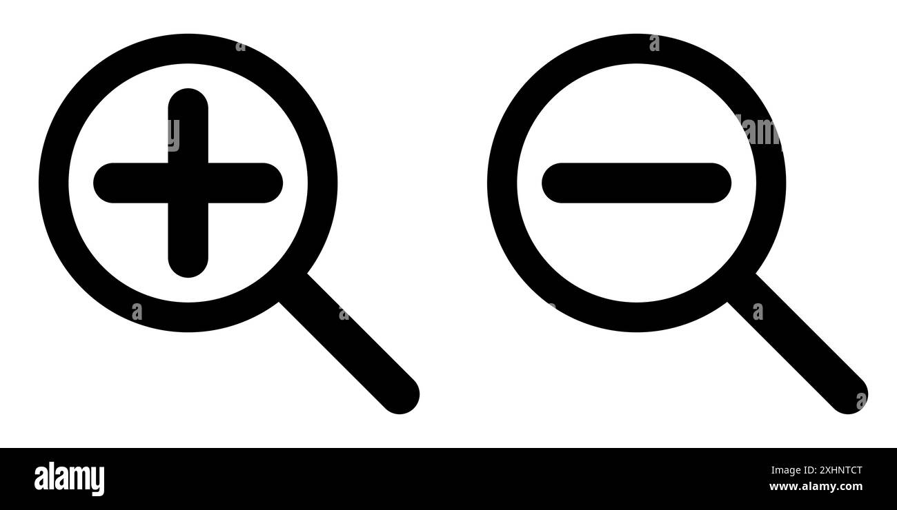 Silhouettenform des Vergrößerungsglases mit Plus und Minus, Symbol zum Vergrößern und Verkleinern, Symbol für Schwarz-weiß-Vektor-Illustration Stock Vektor