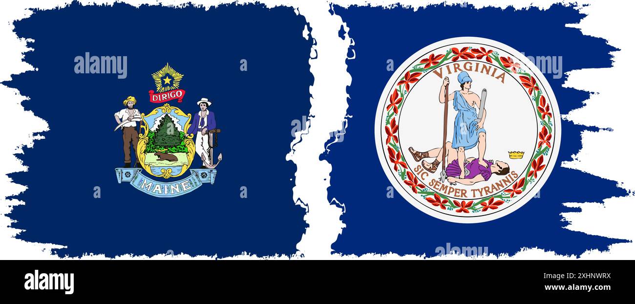 Virginia und Maine staaten Grunge Pinsel Flags Verbindung, Vektor Stock Vektor
