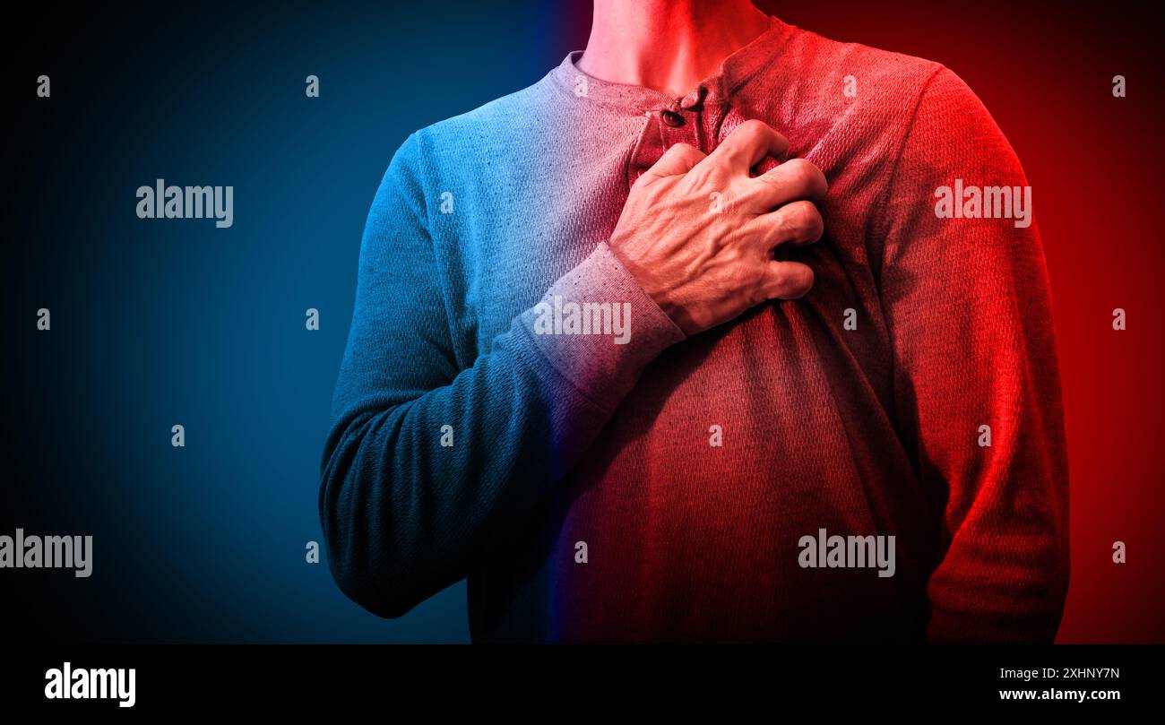 Brustschmerzen und stressvolle Panikattacke medizinisches Problem Konzept als Symbol für Angina pectoris oder blockierten Blutfluss, was zu einem Herzinfarkt oder Myokard Inf führt Stockfoto