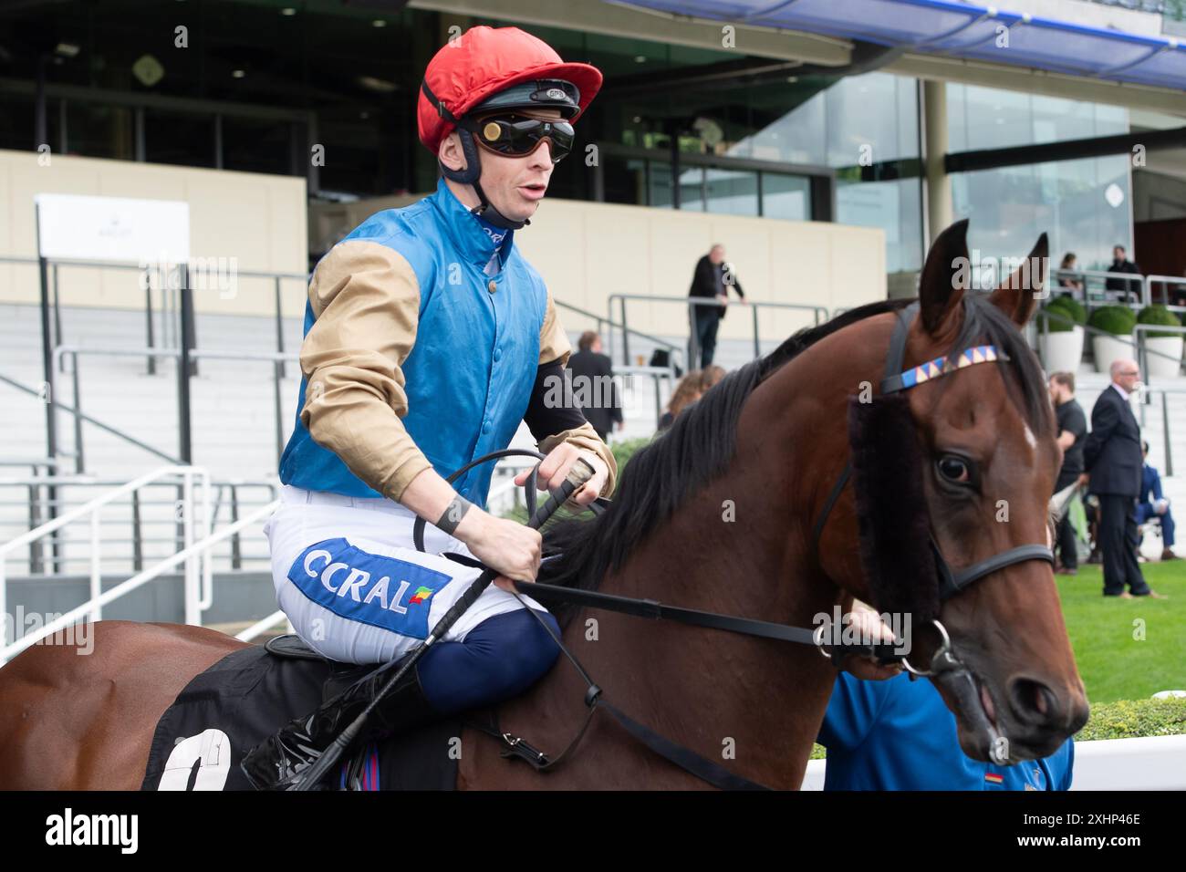 Ascot, Berkshire, Großbritannien. Juli 2024. Pferd Beshtani, geritten von Jockey David Probert, geht auf die Rennbahn, um beim Summer Mile Family Raceday in Berkshire in den Anne Cowley Memorial Summer Miles Stakes auf der Ascot Racecourse in Berkshire zu Rennen. Besitzer Wathnan Racing, Trainer H A Al Jenhani, Katar, Züchter S A Aga Khan, Sponsor Wathnan Racing. Kredit: Maureen McLean/Alamy Stockfoto