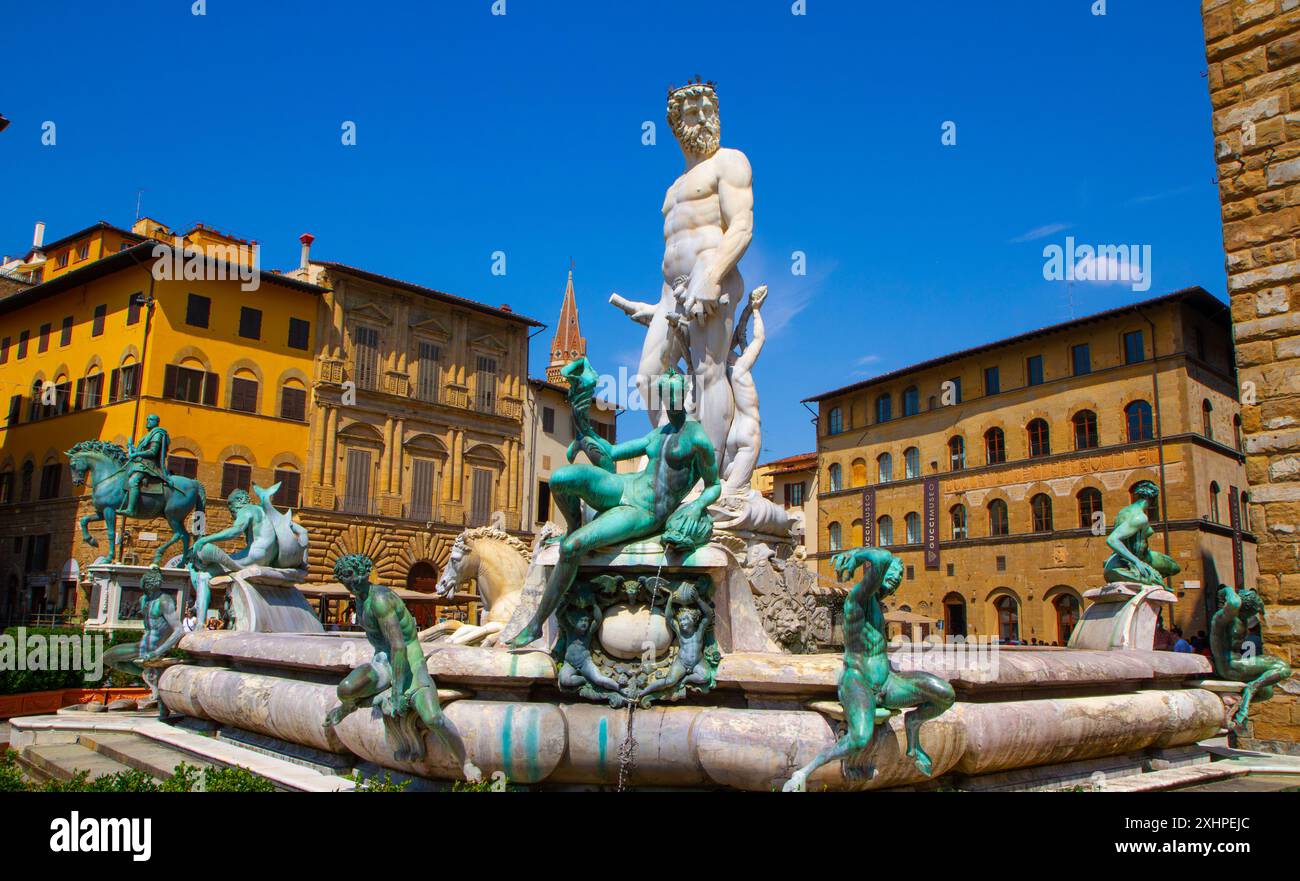 Neptunbrunnen von Bartolomeo Ammannati in. Piazza della Signoria. Florenz, Toskana, Italien. Stockfoto