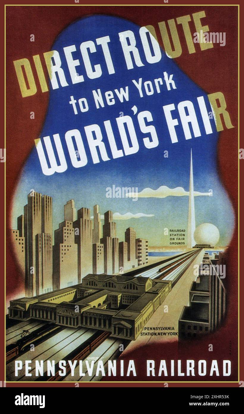 1939 NEW YORK WORLD FAIR Direct Route by Pennsylvania Railroad. Vintage Poster Lithographie von Sascha Maurer Stockfoto