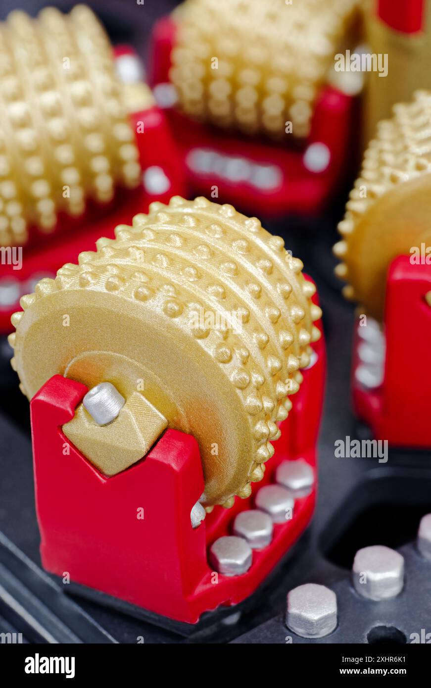 3D-gedrucktes Kunststoffmaßstabsmodell für Tunnelbohrkopf, Baumaschinen, Nahaufnahme Stockfoto