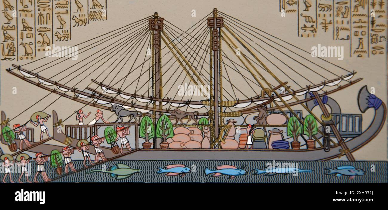 Handelsexpedition nach Punt. Dynastie 18. Neues Königreich. Königin Hatschepsut. Expeditionsboot mit exotischen Gütern. Ägypten. Gravur. Stockfoto