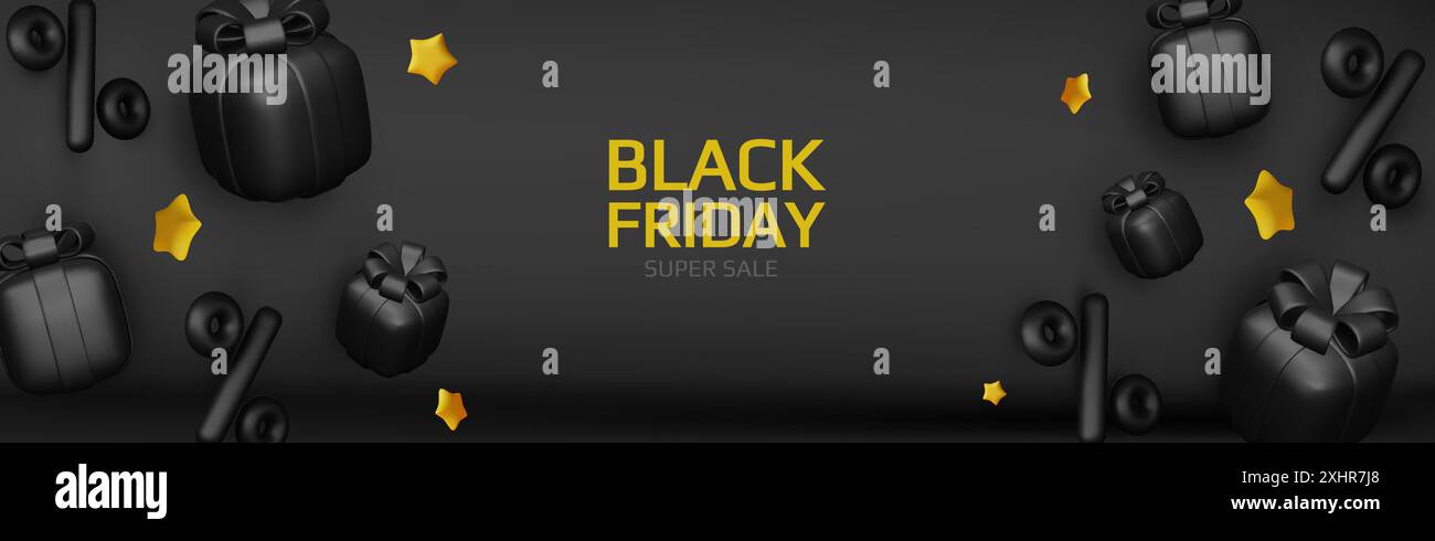 Holiday Black Friday Sale. Realistische 3D-Objekte Geschenkbox, Einkaufstasche, fallende Sterne. Vektorabbildung Stock Vektor