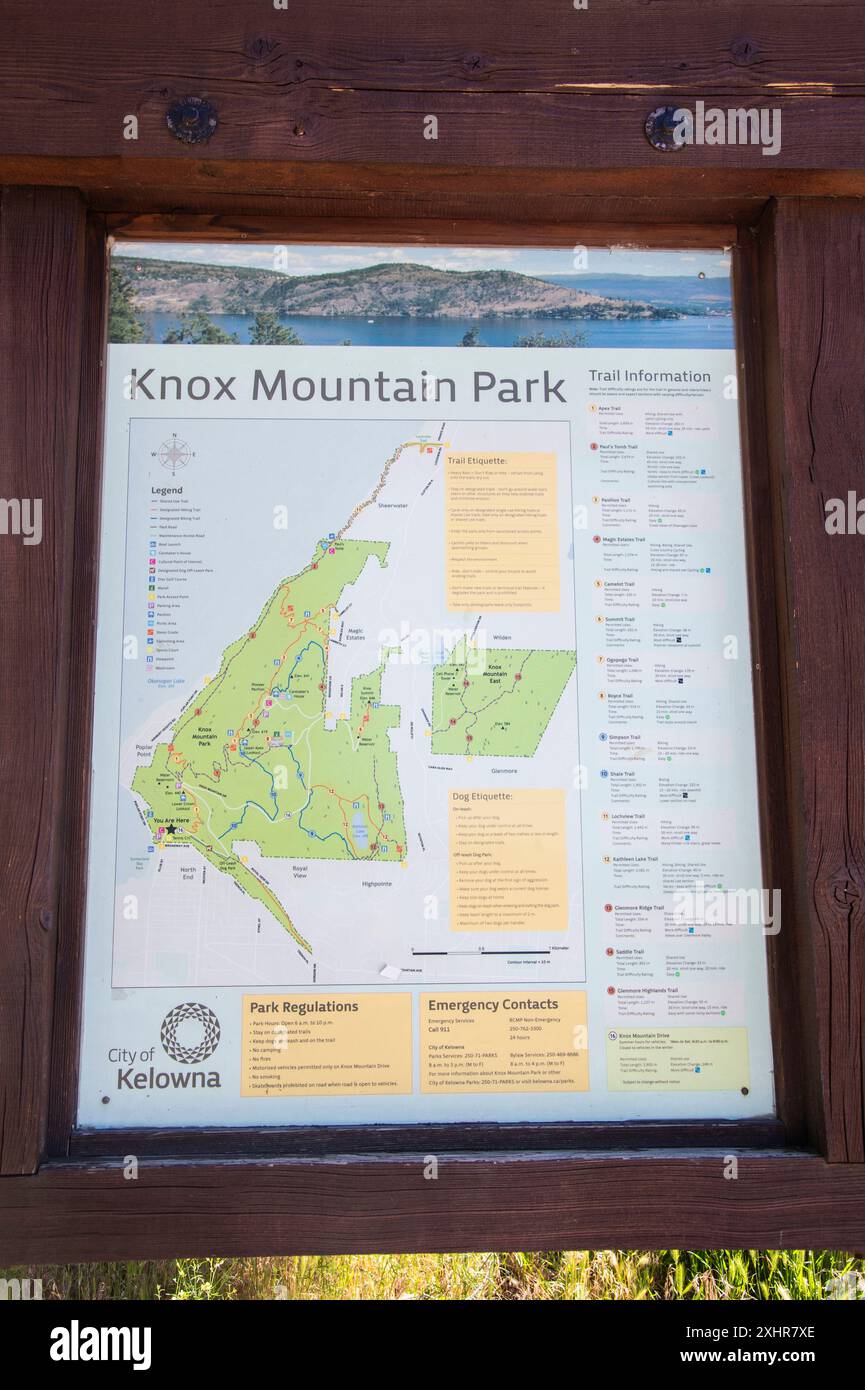 Informationsschild zum Knox Mountain Park in Kelowna, British Columbia, Kanada Stockfoto