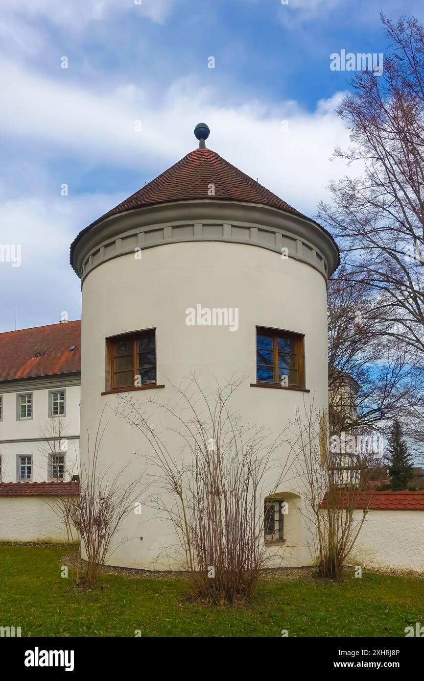 Schloss Messkirch, Schloss der Grafen von Zimmern, Schloss Zimmer, kleiner Rundturm, Burgmauer, Burganlage, Renaissancebau Stockfoto