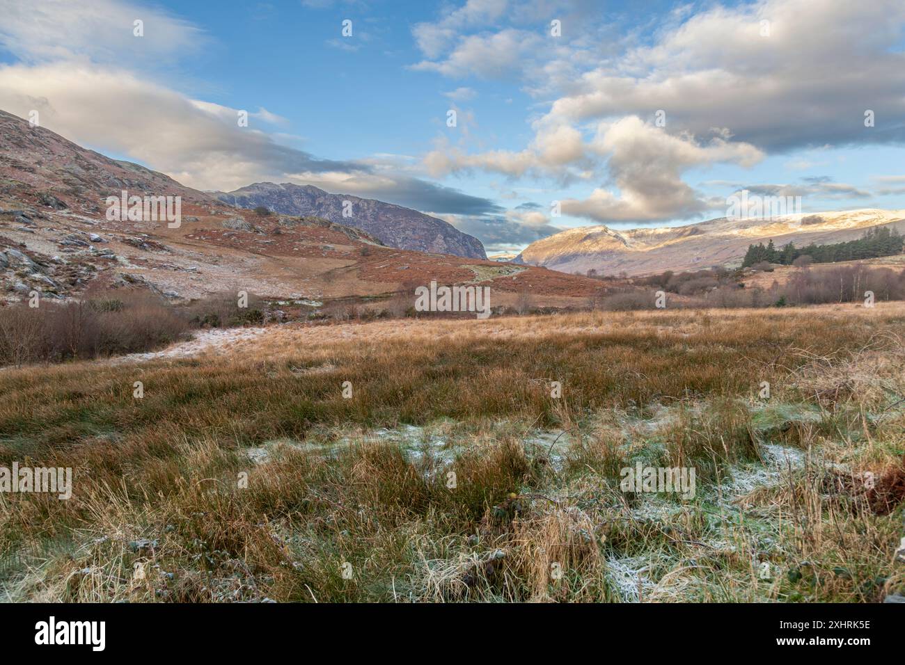 Blick auf das Ogwen-Tal am Wintermorgen. Das Tal ist zu einem sehr beliebten Reiseziel für Wanderer geworden. Eryri (Nationalpark Snowdonia) Stockfoto